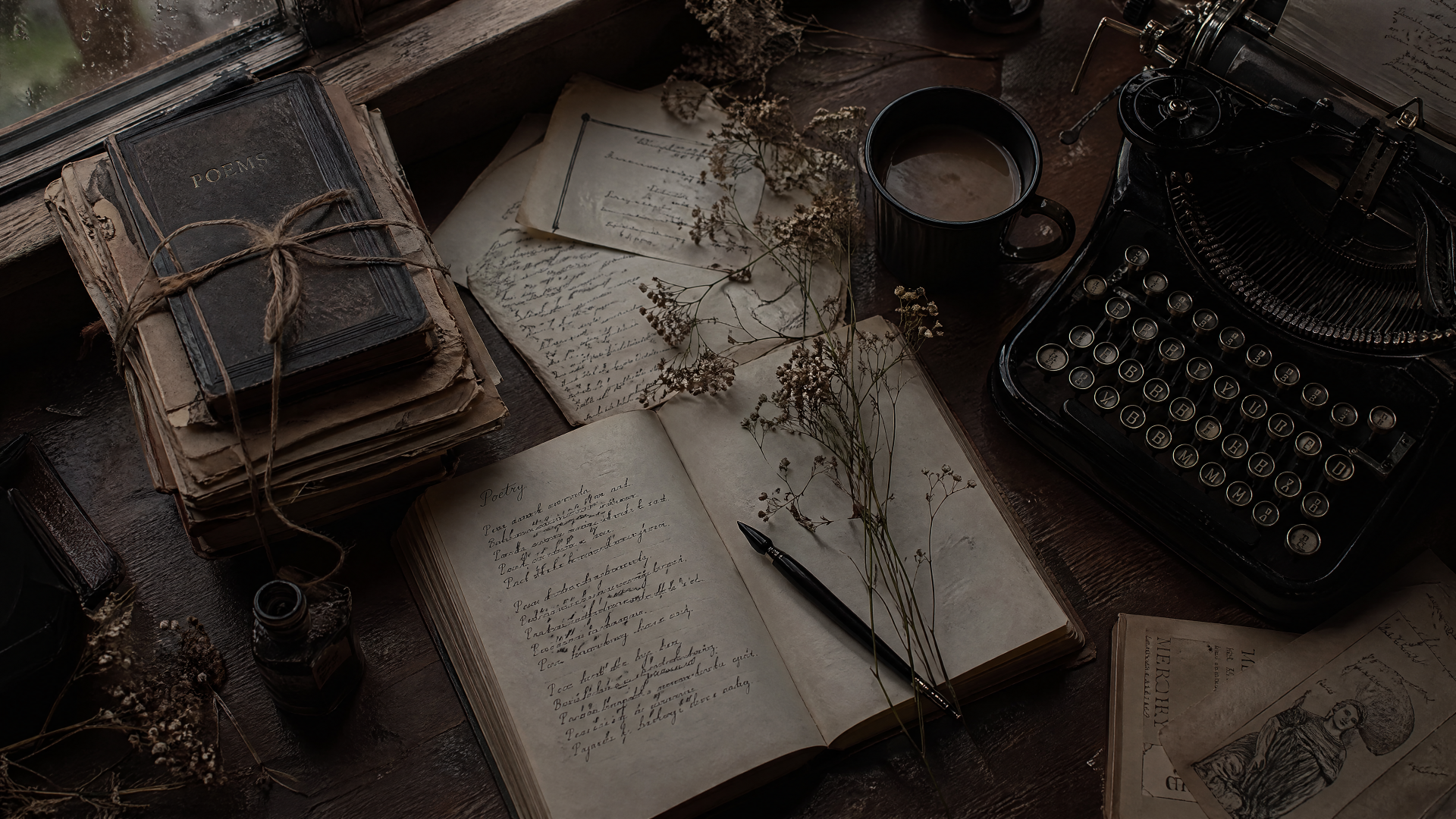 Poetcore 4K Ultra HD PC desktop wallpaper and background: moody writing desk with open notebook of handwritten verses, fountain pen, ink pot, vintage typewriter, tied books, dried flowers and coffee.