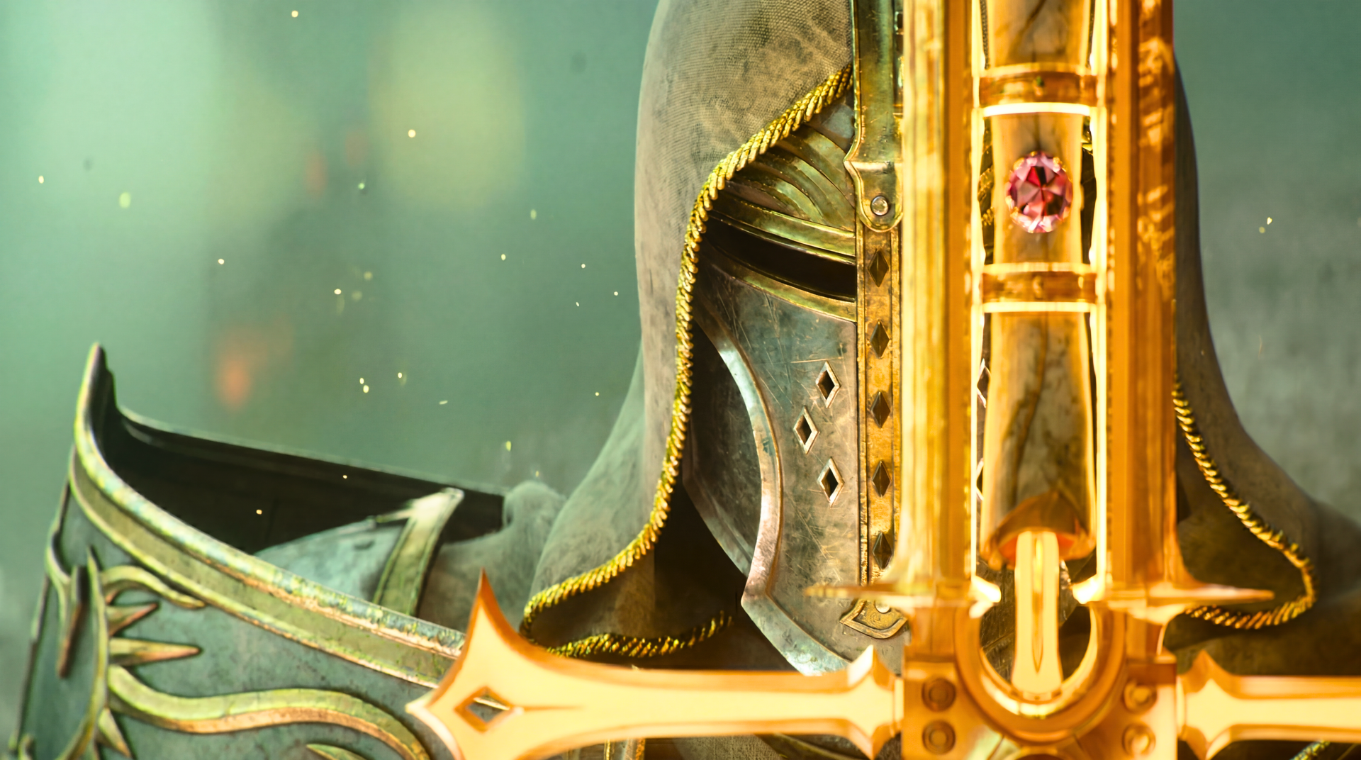 Diablo IV Lord of Hatred paladin in ornate golden helmet and sword — Warrior of Light art by Blizzard Entertainment, 5K Ultra HD PC desktop wallpaper