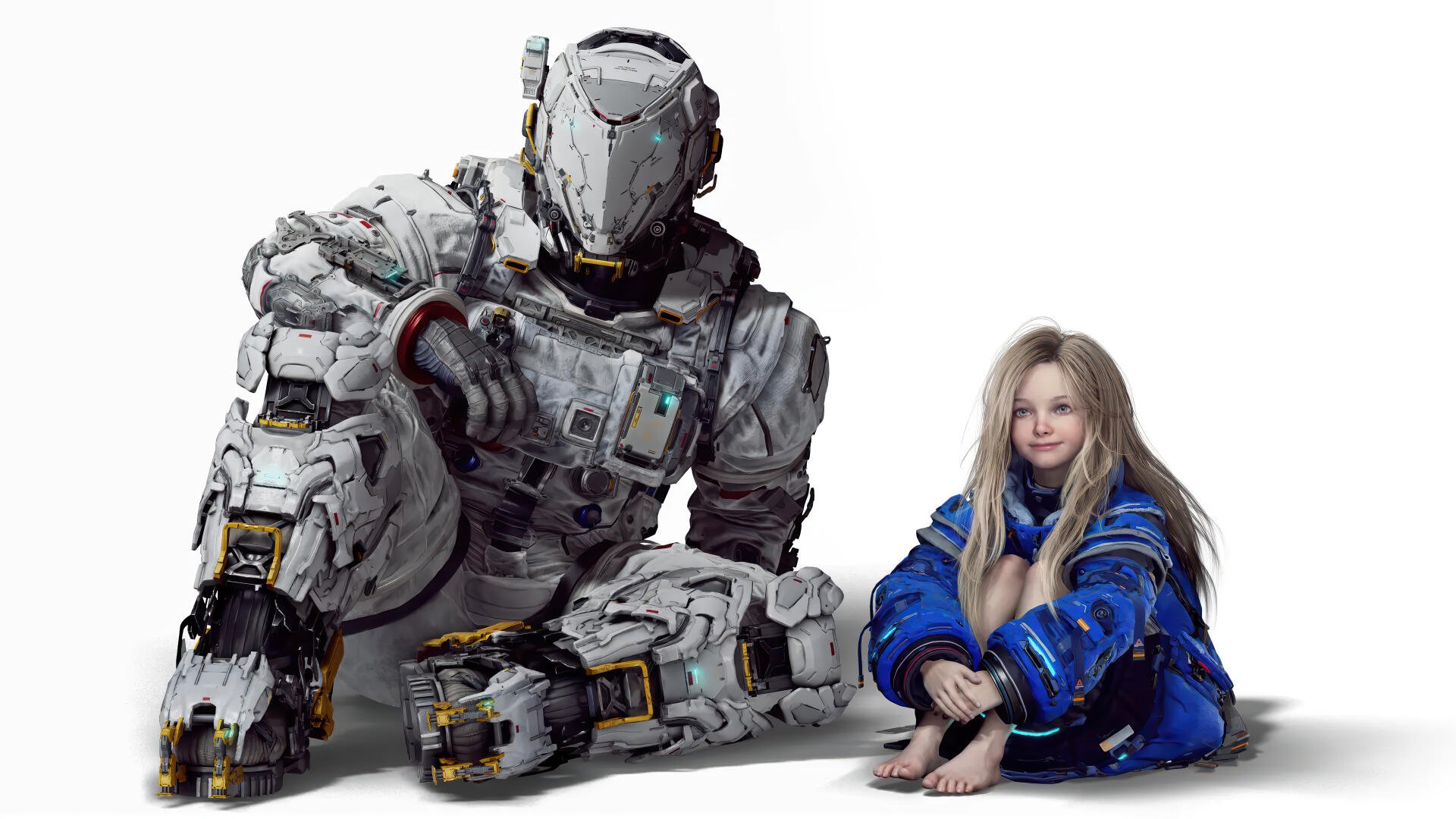 Pragmata 4K Ultra HD PC desktop wallpaper/background: a massive futuristic armored astronaut seated beside a relaxed young girl in a blue coat on a white backdrop.
