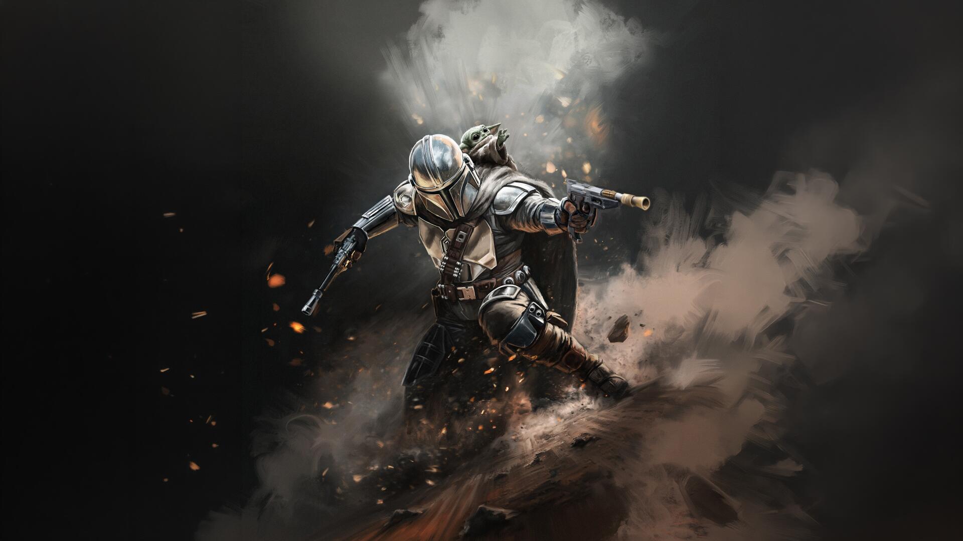 The Mandalorian in beskar armor emerges through smoke and sparks with Grogu at his side — cinematic 4K Ultra HD PC desktop wallpaper.