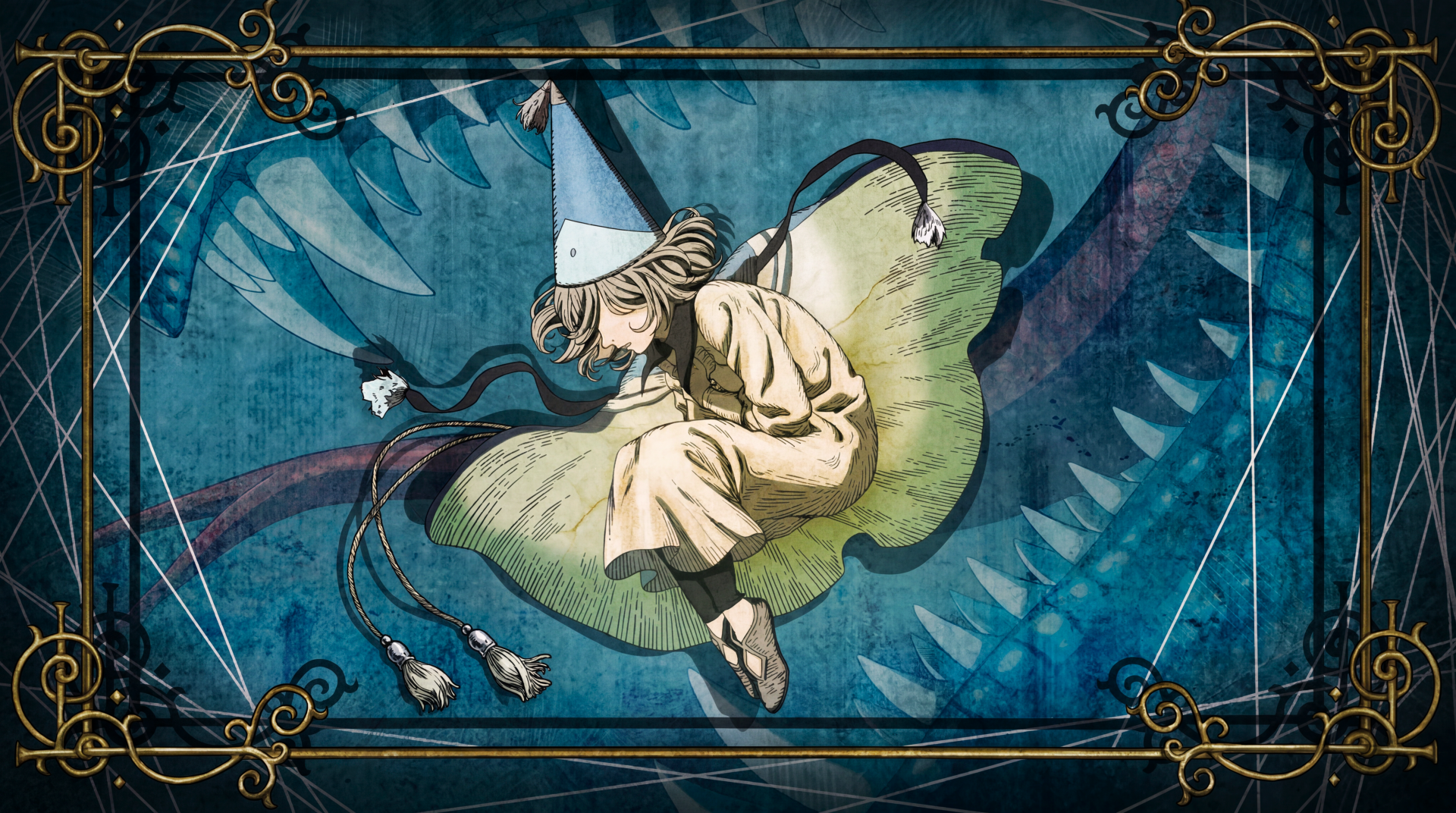 Witch Hat Atelier's Coco in an anime fantasy scene, perched on a giant leaf with a small dragon and ornate frame — 5K Ultra HD PC desktop wallpaper background.