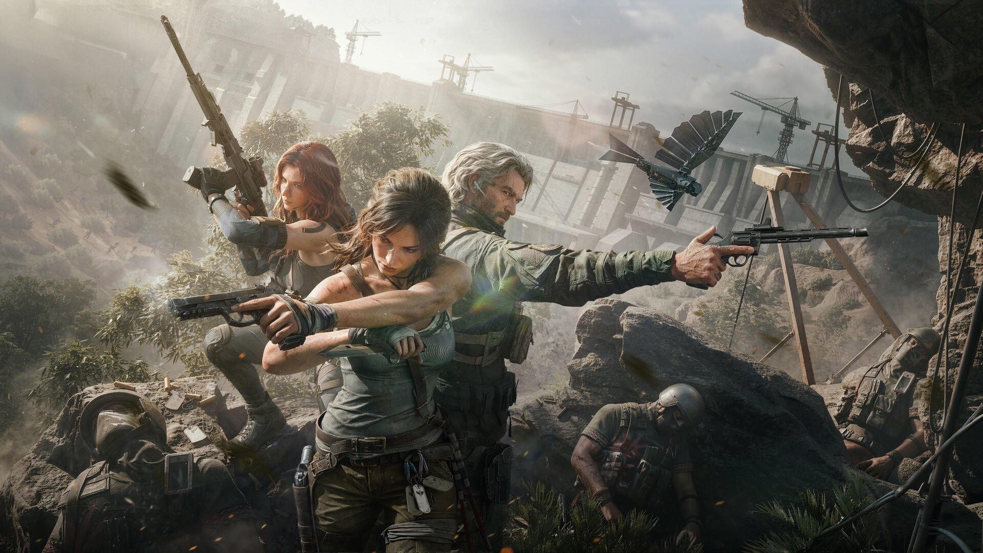 Tomb Raider 4K Ultra HD PC desktop wallpaper: Lara Croft and two allies stand back-to-back with guns amid crumbling ruins and smoke, cinematic lighting and intense action.
