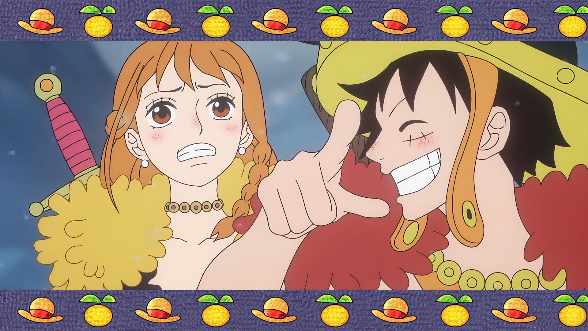 4K Ultra HD One Piece anime desktop wallpaper: Nami looking exasperated beside grinning, pointing Monkey D. Luffy, framed by a repeating straw hat and orange motif border.