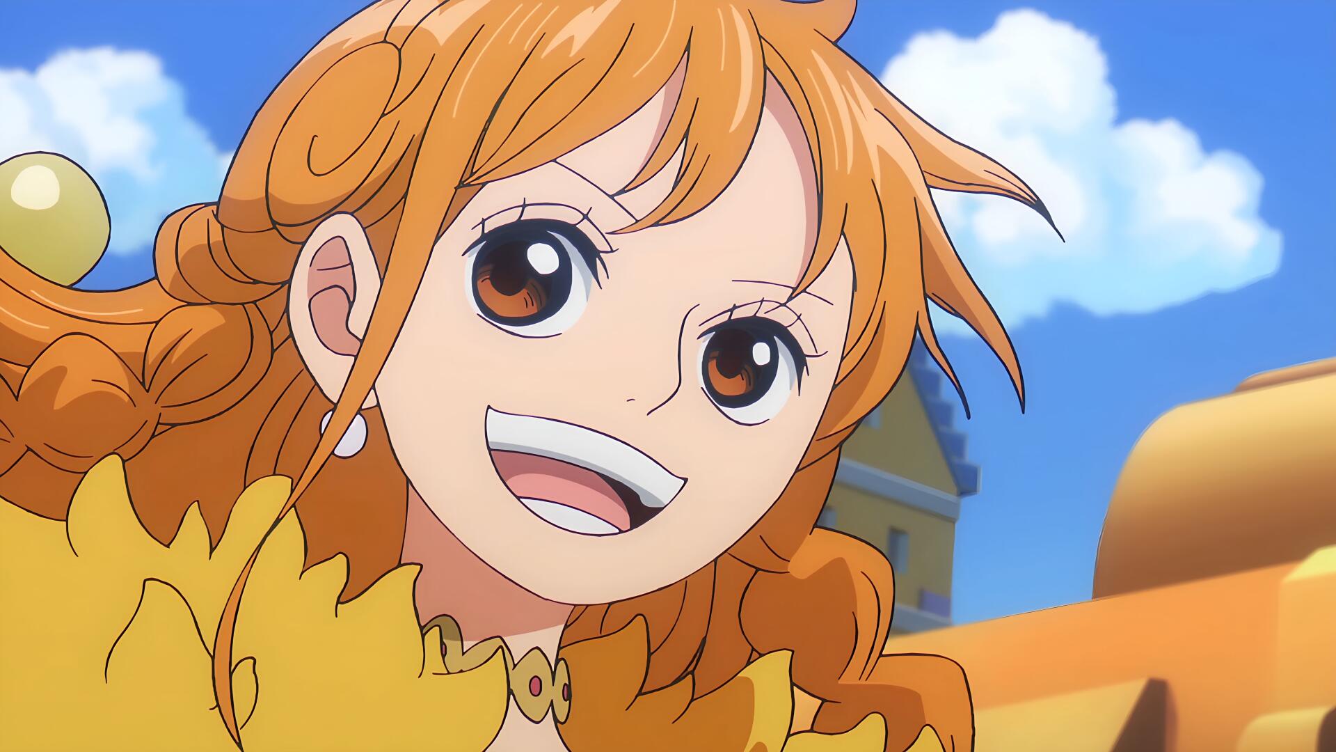 Anime One Piece — Nami smiling against a bright blue sky, vibrant colors and 4K Ultra HD detail as a PC desktop wallpaper/background.