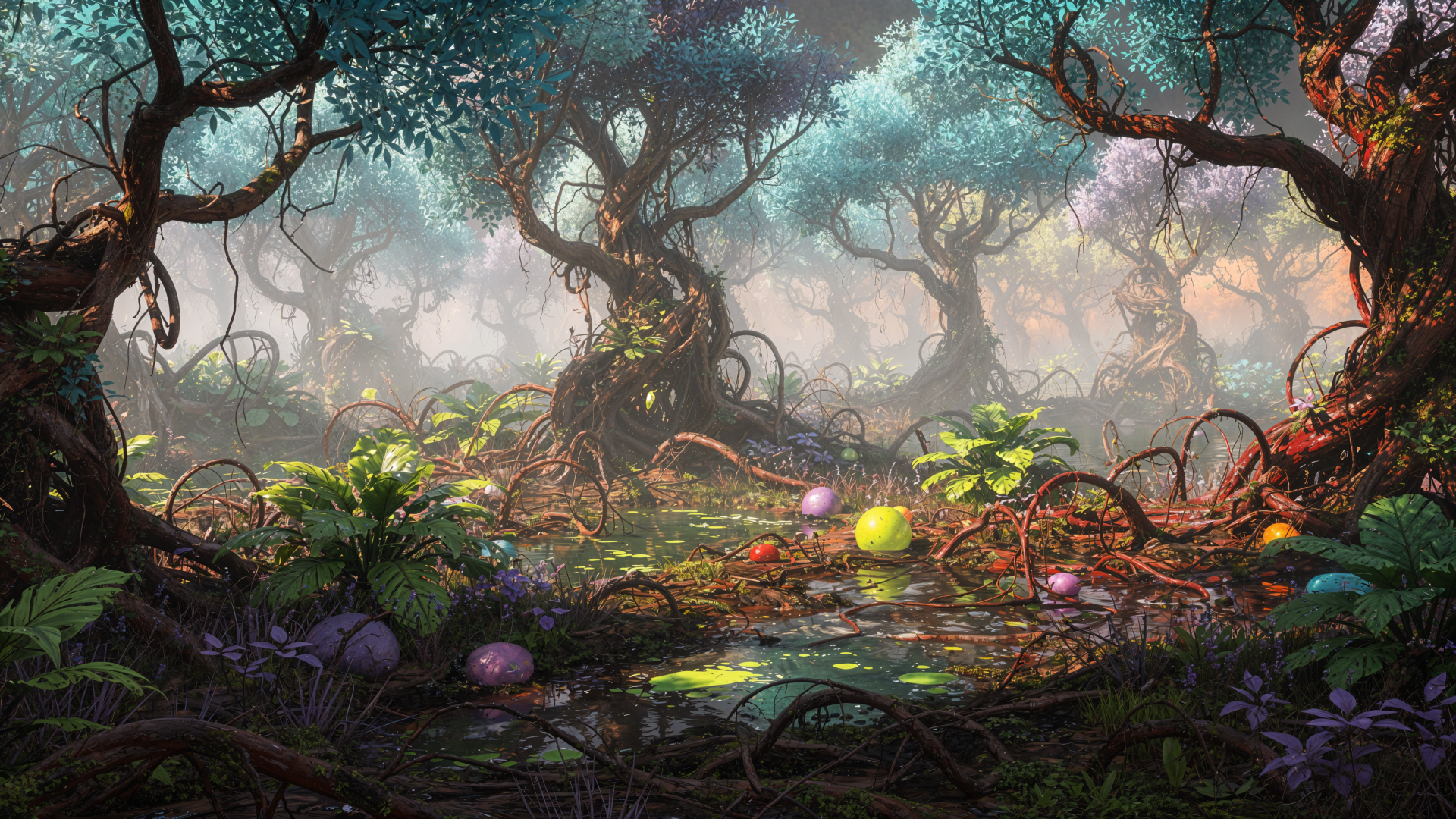Enchanted misty forest with twisted trees, glowing mushrooms and vibrant foliage — 4K Ultra HD PC Desktop Wallpaper and Background.