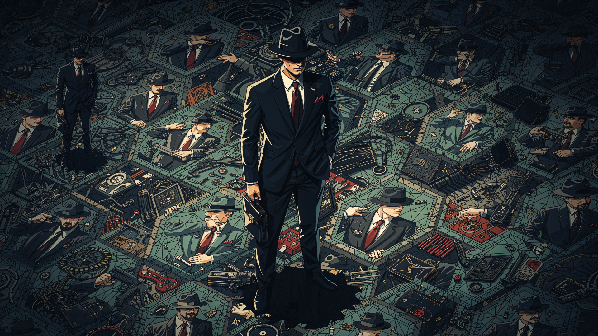 Secret Agent: fedora-clad operative towers over duplicate suited agents atop a collage of currency — 4K Ultra HD PC desktop wallpaper and background.