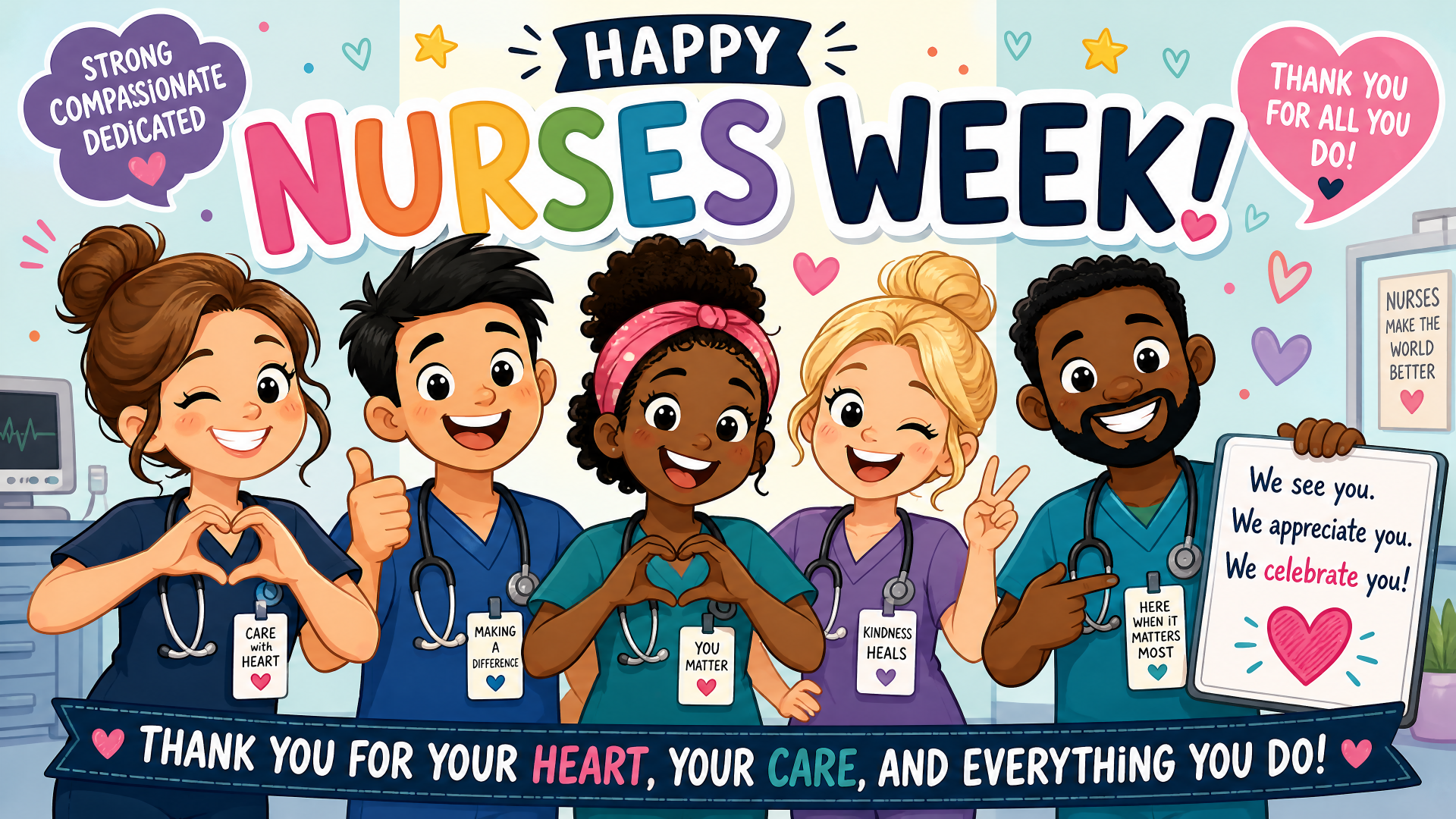 4K Ultra HD PC desktop wallpaper: colorful cartoon nurses celebrate Nurses Week with smiles, hearts, thank-you signs and a bold Happy Nurses Week! banner.