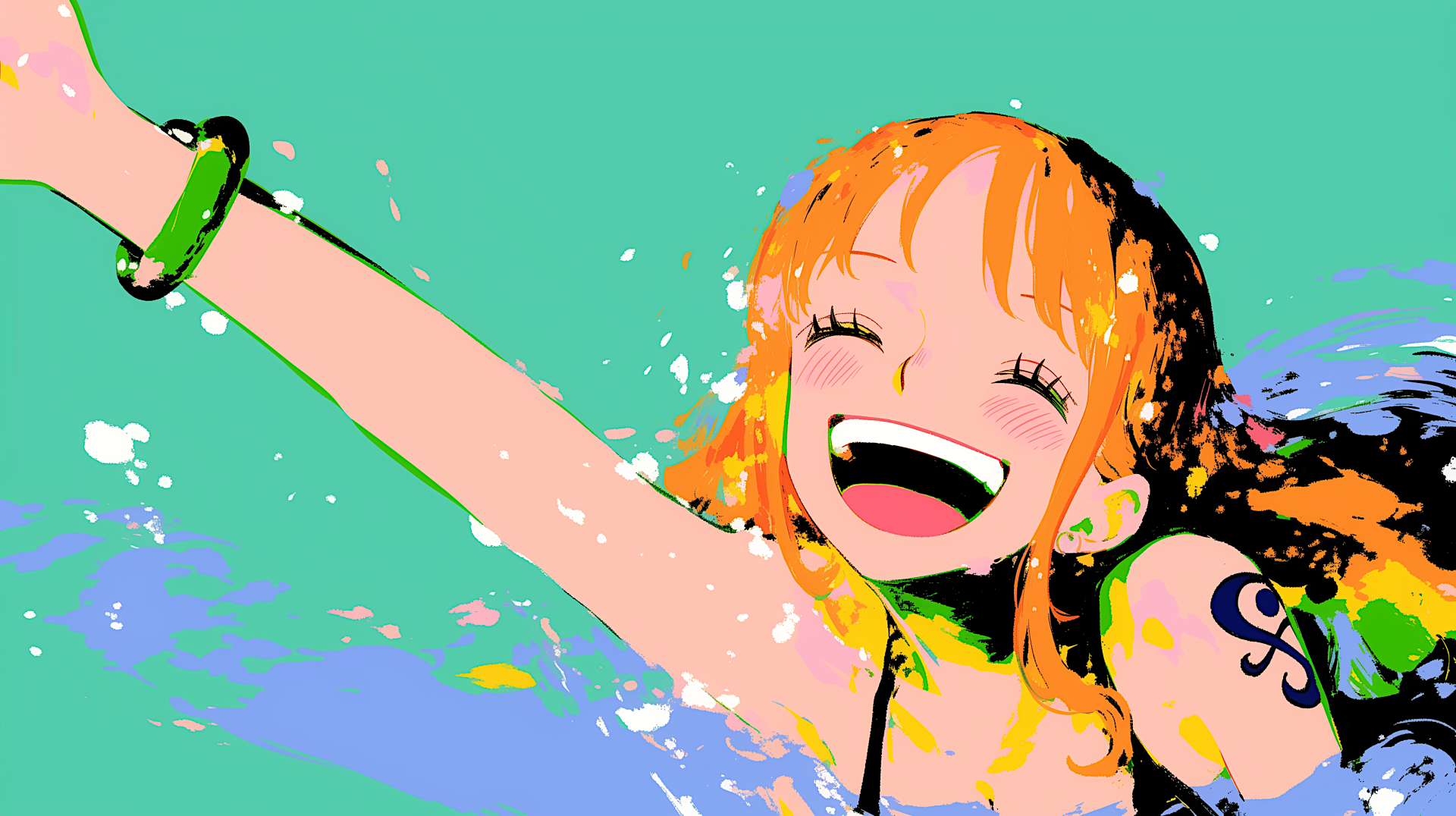 Colorful 2K Quad HD PC desktop wallpaper of Nami (One Piece): joyful anime portrait with outstretched arm, paint-splash effects and turquoise background.