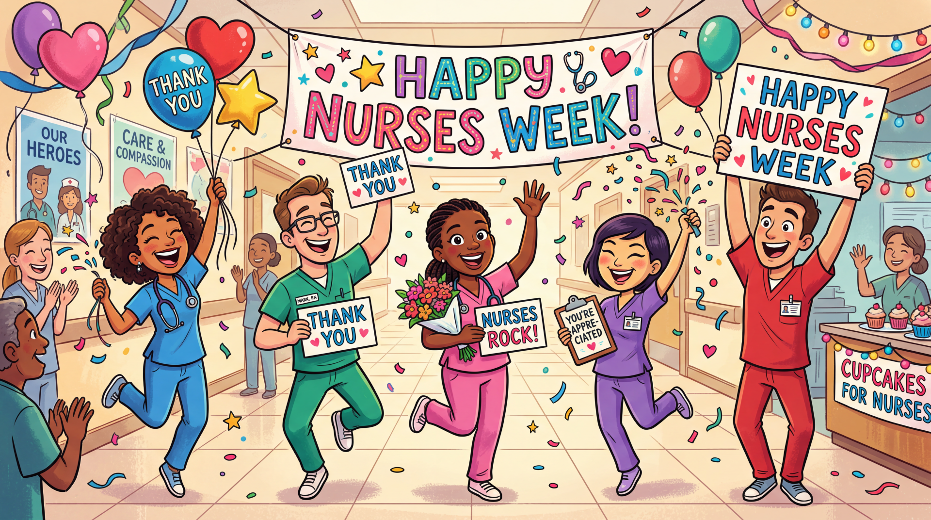Colorful 5K Ultra HD PC desktop wallpaper: cartoon nurses of diverse backgrounds celebrating under a Happy Nurses Week! banner with balloons, confetti, and thank-you signs.