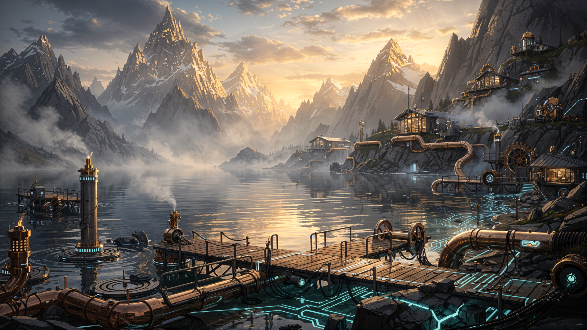 4K Ultra HD PC desktop wallpaper: a futuristic lakeside mountain village at sunrise, glowing circuits beneath wooden docks, steampunk pipes and lighthouses reflected in misty water.