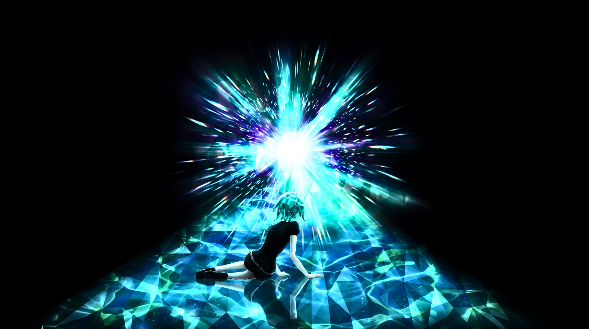 5K Ultra HD PC Desktop Wallpaper and Background: silhouetted figure kneels on crystalline floor facing a radiant blue-white energy burst.