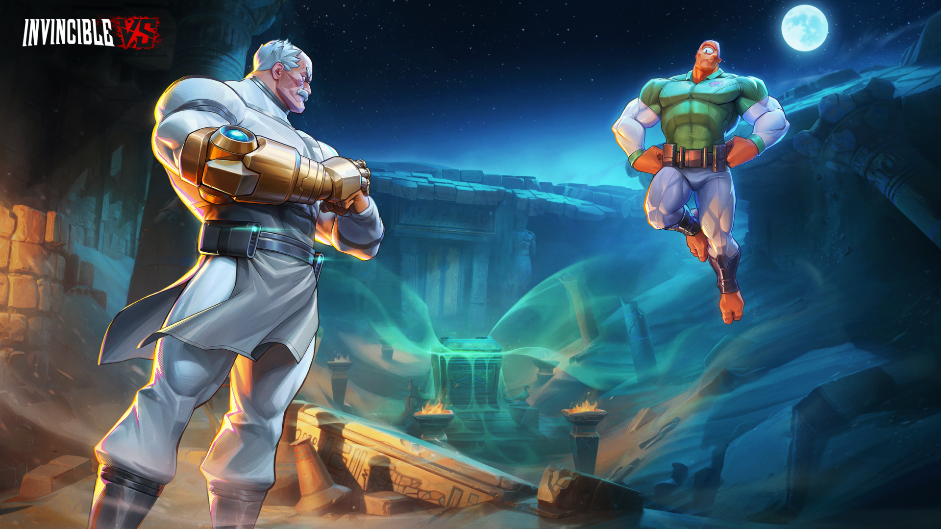 2K Quad HD PC wallpaper: Invincible VS video game scene showing Conquest and Allen (Invincible) facing off above a ruined canyon under moonlight.