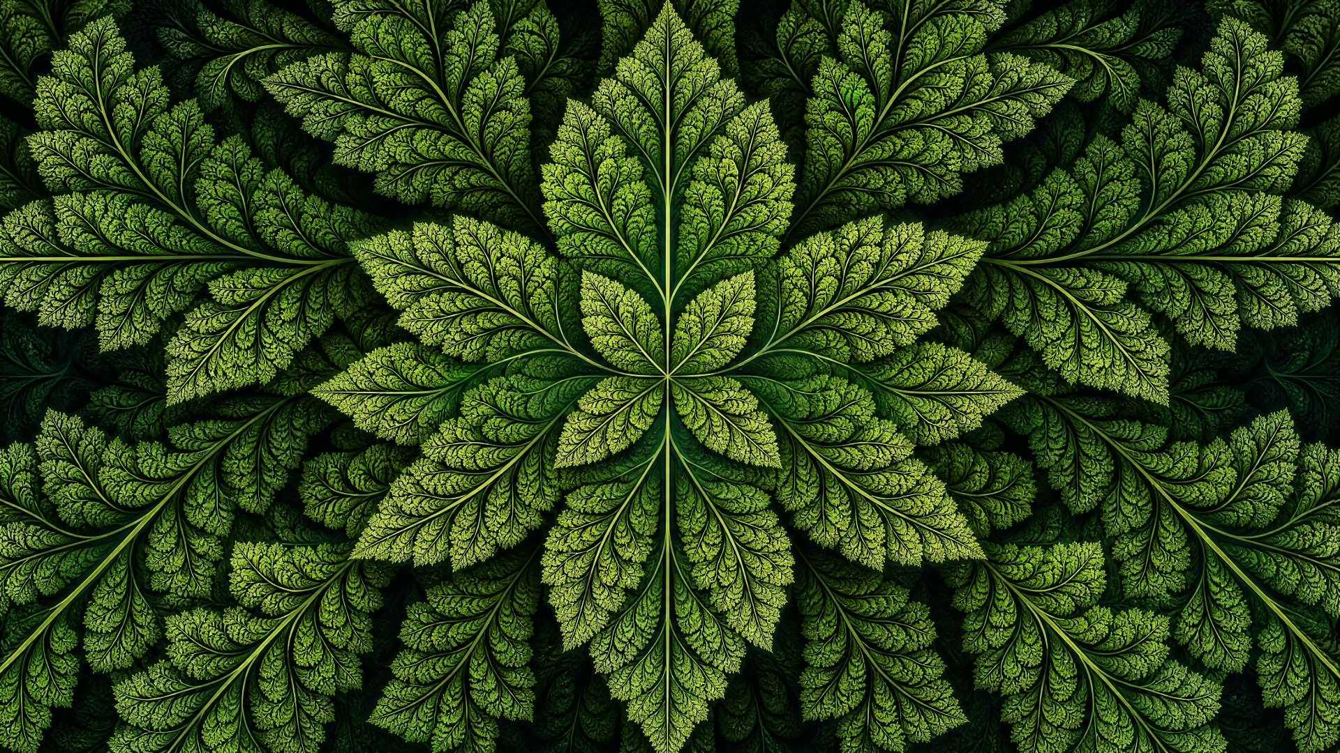 4K Ultra HD PC desktop wallpaper background featuring a symmetrical, detailed green leaf pattern forming a radial, fern-like mandala.
