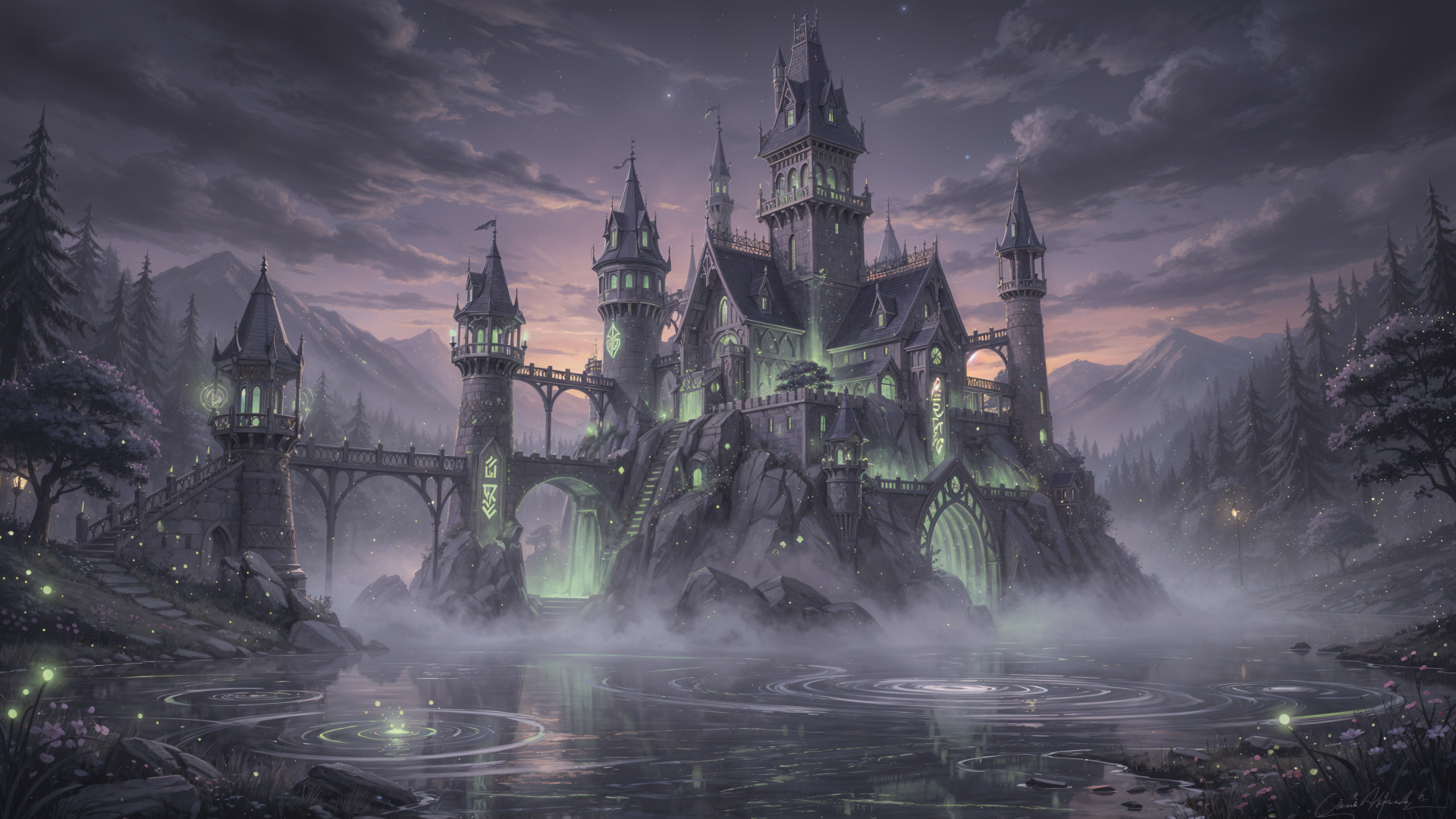 4K Ultra HD PC desktop wallpaper and background: brooding Gothic castle on mist-shrouded shores, towering spires reflected in black water beneath a stormy twilight sky.