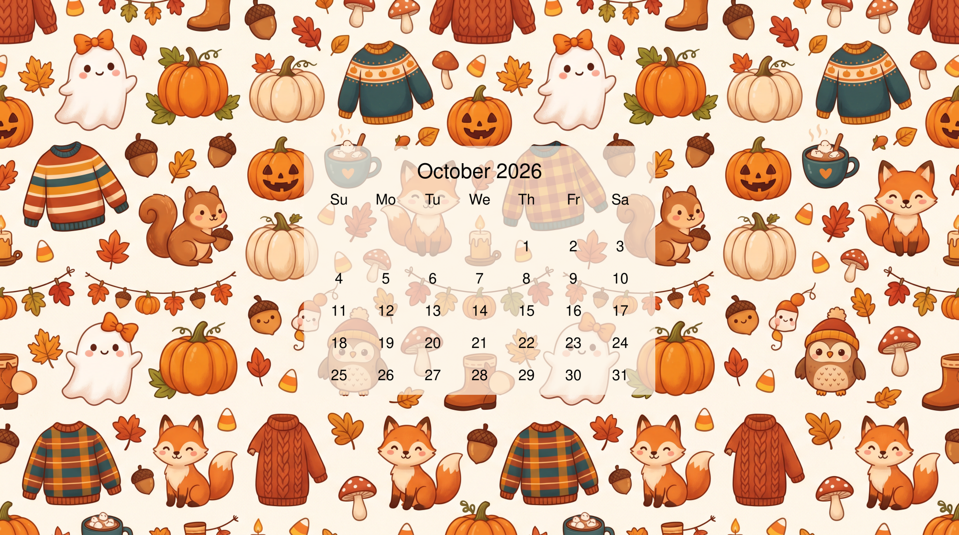 October 2026 calendar centered on a cute autumn pattern of pumpkins, jack-o'-lanterns, ghosts, foxes, squirrels, sweaters and acorns — 5K Ultra HD PC desktop wallpaper/background.