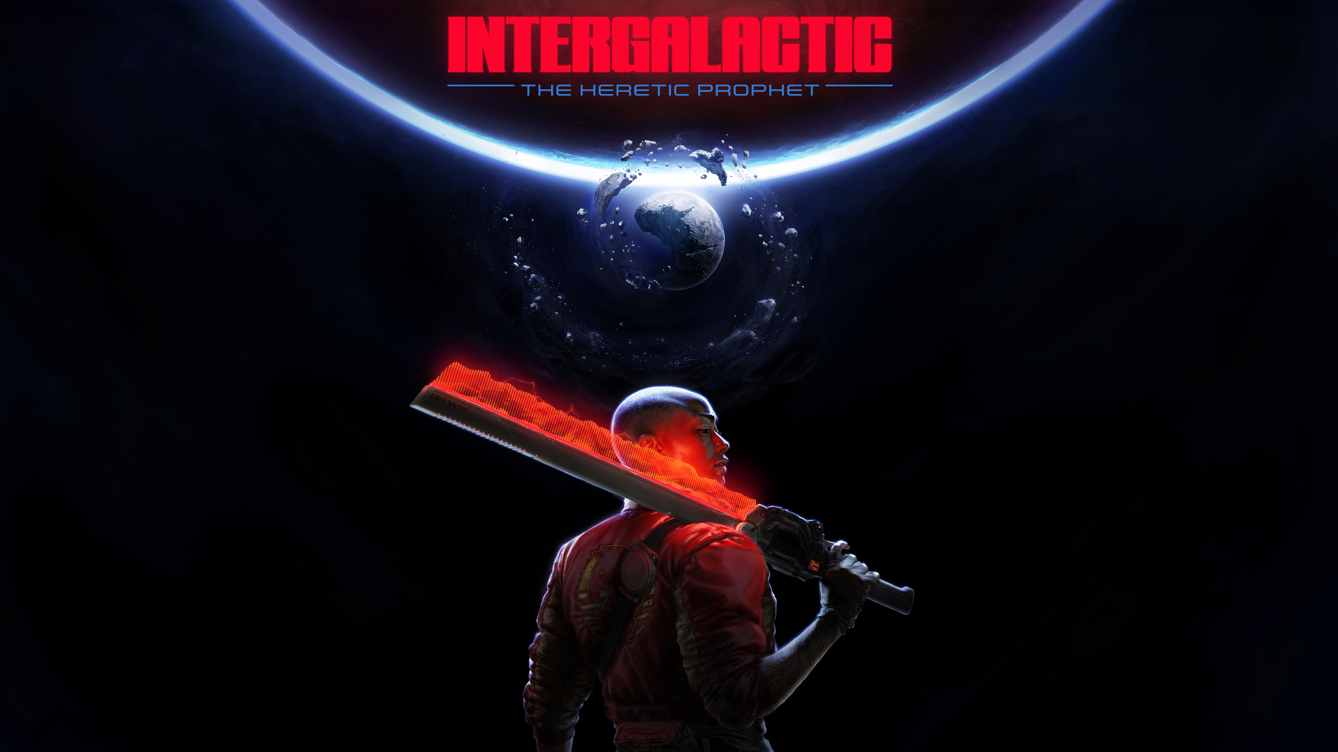 4K Ultra HD PC wallpaper for video game Intergalactic: The Heretic Prophet — lone armored figure with a glowing red blade stares toward Earth under a luminous ringed horizon.