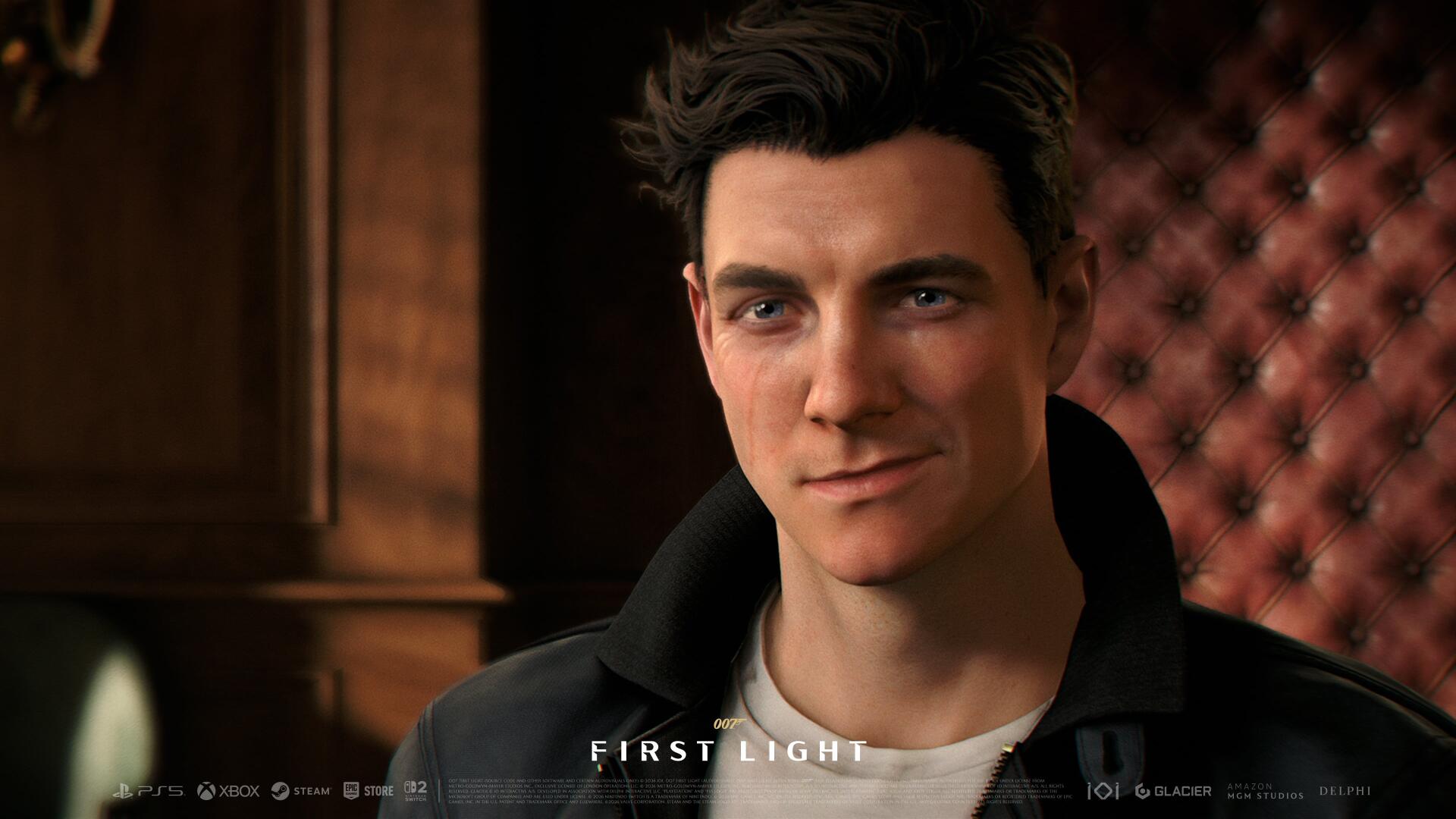 4K Ultra HD PC desktop wallpaper: close-up of a smirking male video game character from 007 First Light wearing a dark jacket against a tufted leather backdrop.