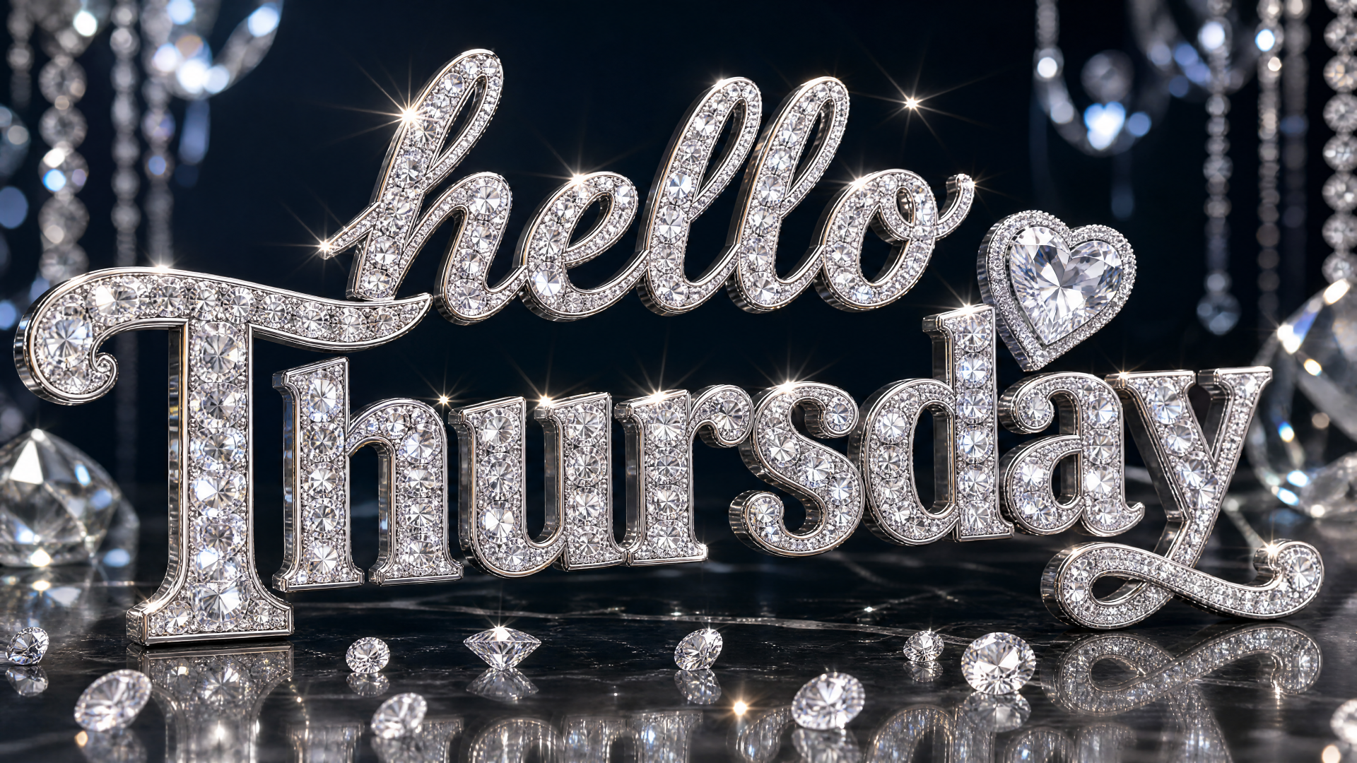 Gleaming jeweled hello Thursday text with dangling crystals and reflective highlights on a dark backdrop — 4K Ultra HD PC desktop wallpaper and background.
