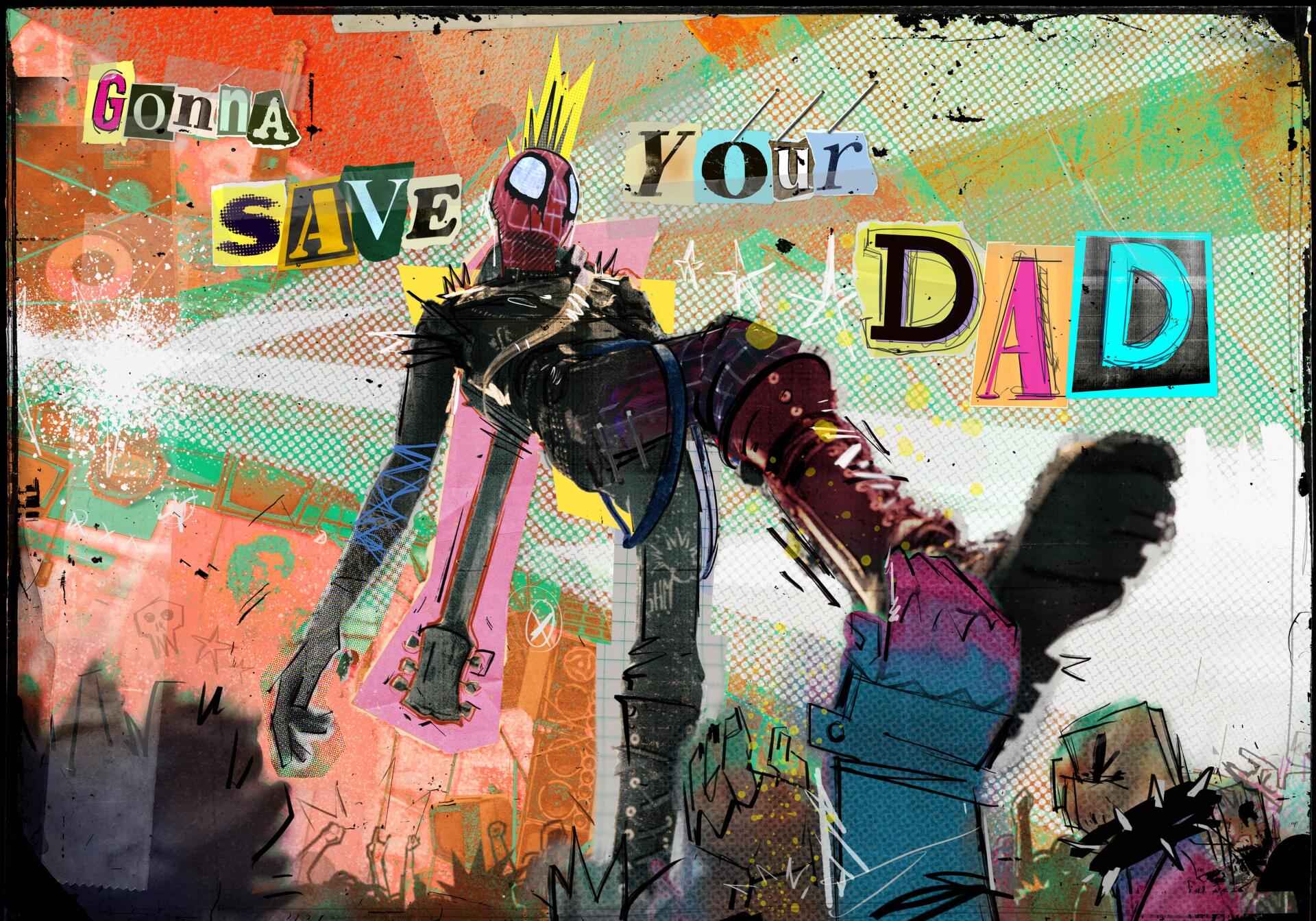 4K Ultra HD desktop wallpaper from the movie Spider-Man: Beyond the Spider-Verse — graffiti-style Spider-Man reaching out amid colorful comic-collage and 'SAVE YOUR DAD' cutout lettering