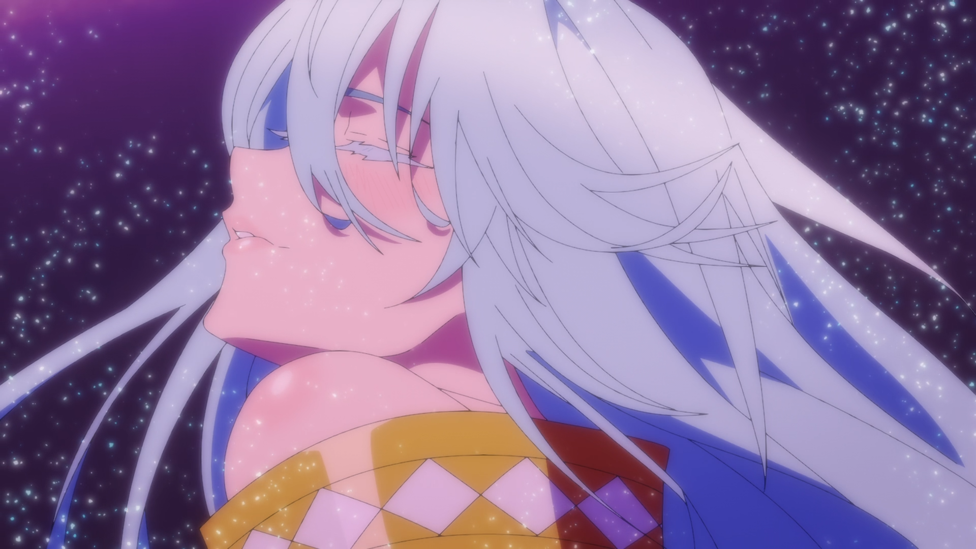 HD PC wallpaper of Elfaria Alvis Serholt from Wistoria: Wand and Sword — anime-style serene profile with flowing silver-blue hair, closed eyes, and a sparkling starfield background.