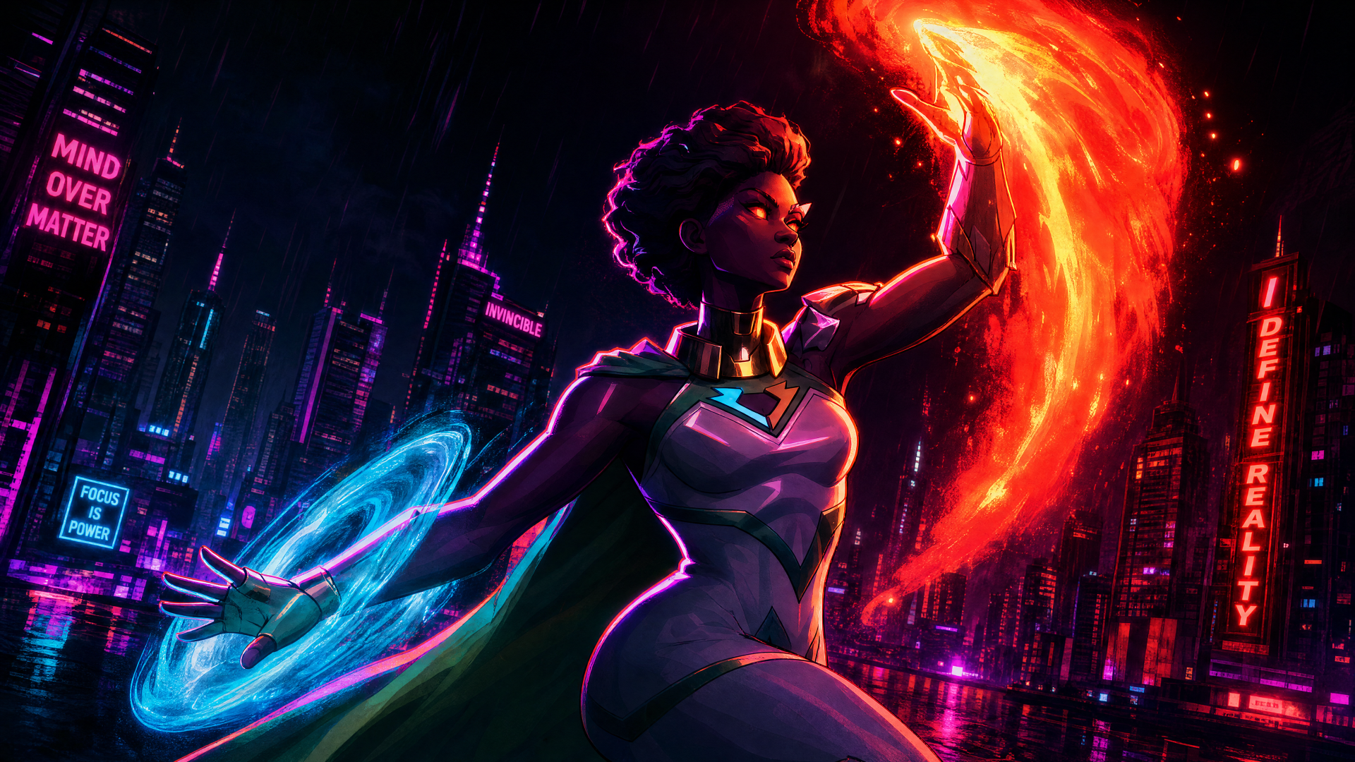 Ella Mental (Invincible) in a neon cyberpunk skyline, summoning a red plasma arc and a blue energy ring — vivid 4K Ultra HD PC desktop wallpaper and background.