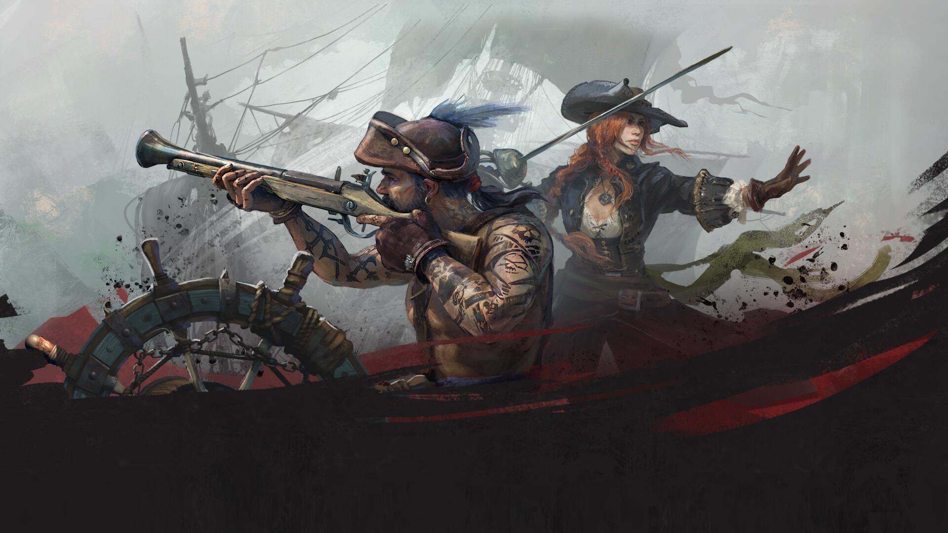 Windrose video game 4K Ultra HD PC desktop wallpaper: two steampunk swashbucklers - one aiming a blunderbuss, the other brandishing a pistol - stand before a stormy sea and ship's wheel.
