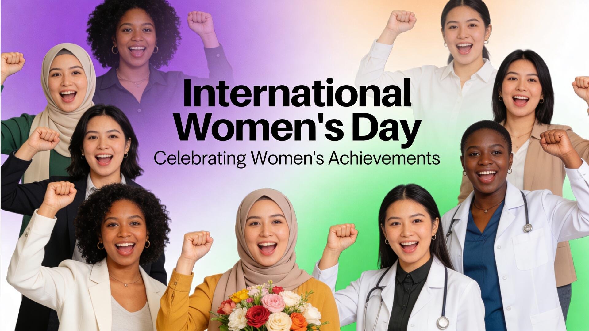 International Women's Day 4K Ultra HD PC desktop wallpaper: diverse women in professional and cultural attire raise fists in celebration against a colorful gradient backdrop with event text.