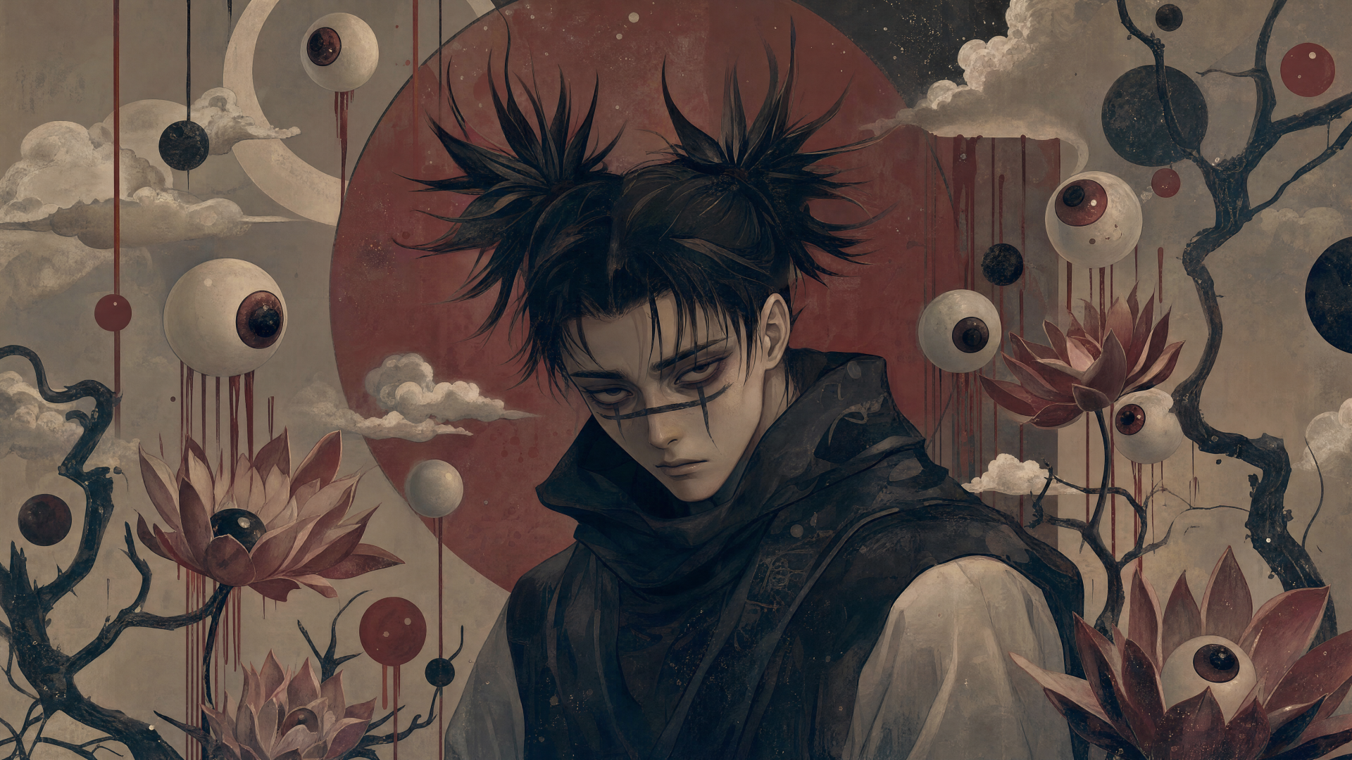 Choso (Jujutsu Kaisen) 4K Ultra HD desktop wallpaper: brooding Choso with spiky hair and dark cloak against a red moon, floating eyes and lotus flowers in a surreal, moody background.