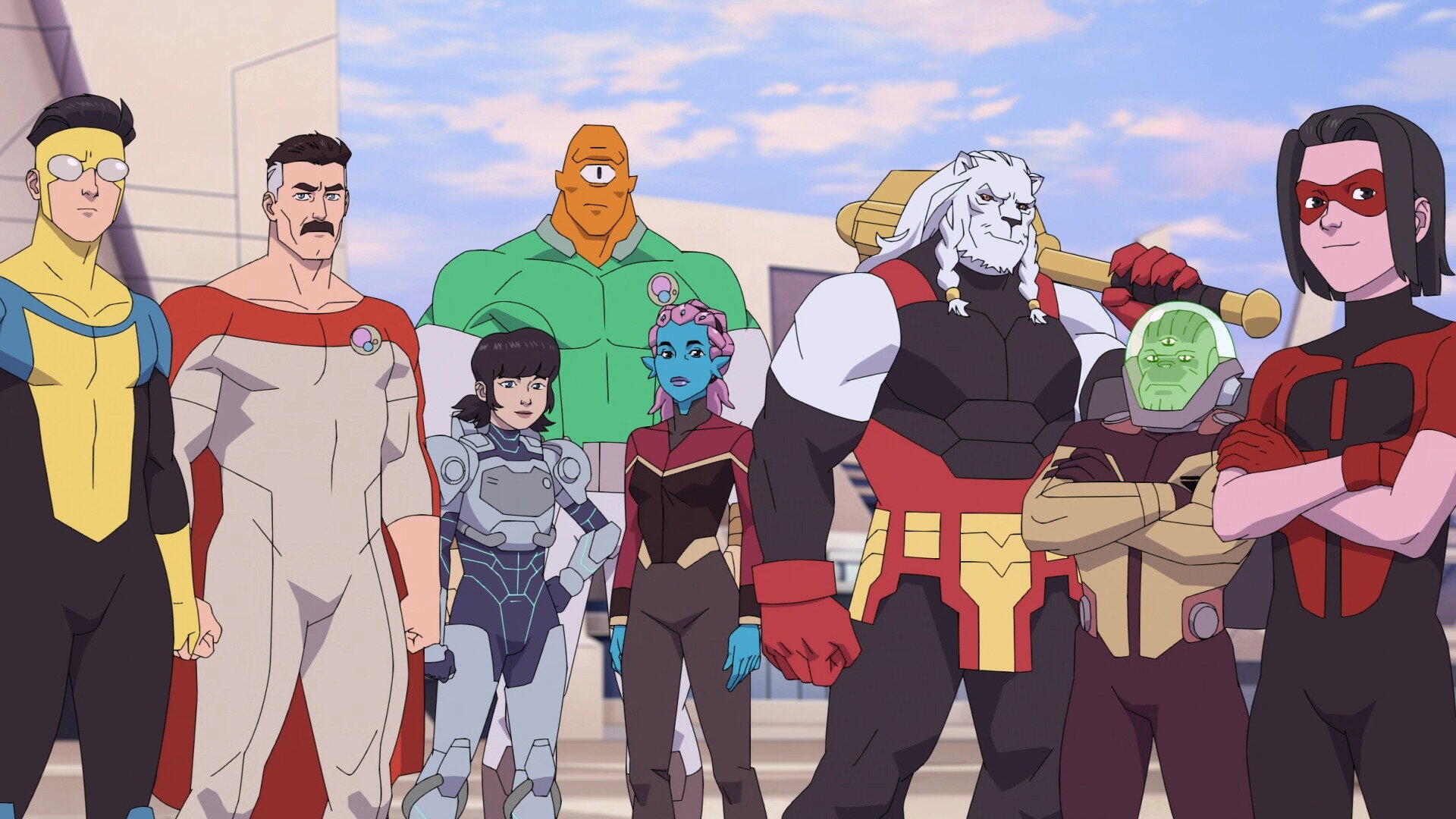 Invincible HD PC desktop wallpaper/background: a diverse team of animated superheroes in colorful costumes posed together against a bright sky.