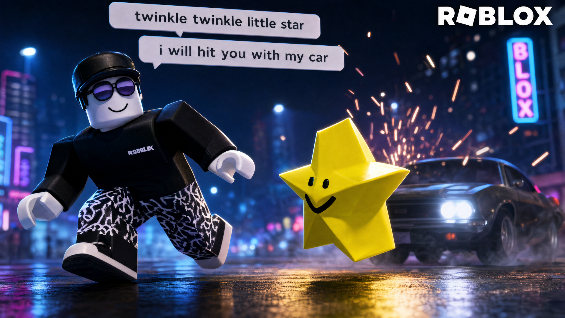 Roblox 4K Ultra HD PC desktop wallpaper and background showing a Roblox avatar running beside a smiling yellow star on a wet neon-lit city street with a car and sparks.