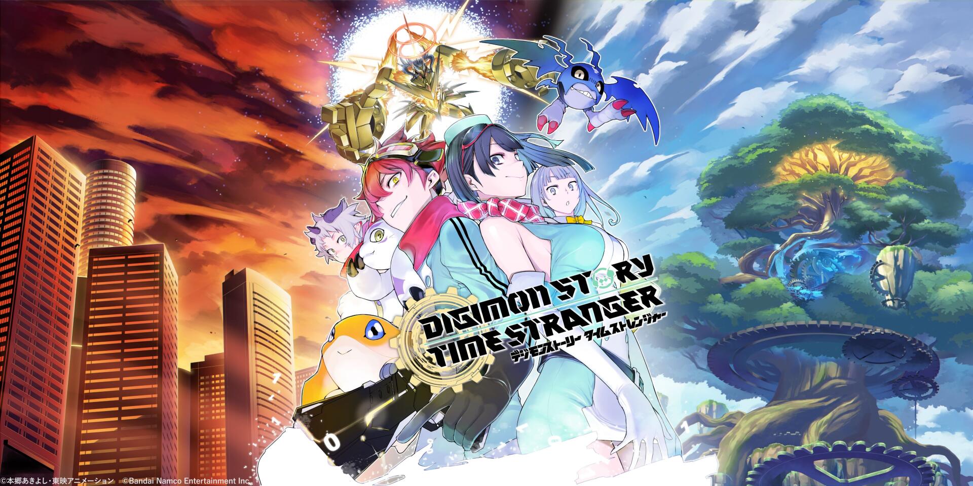 2K Quad HD PC desktop wallpaper for the video game Digimon Story: Time Stranger, depicting the main human characters and Digimon against a split city and nature backdrop.