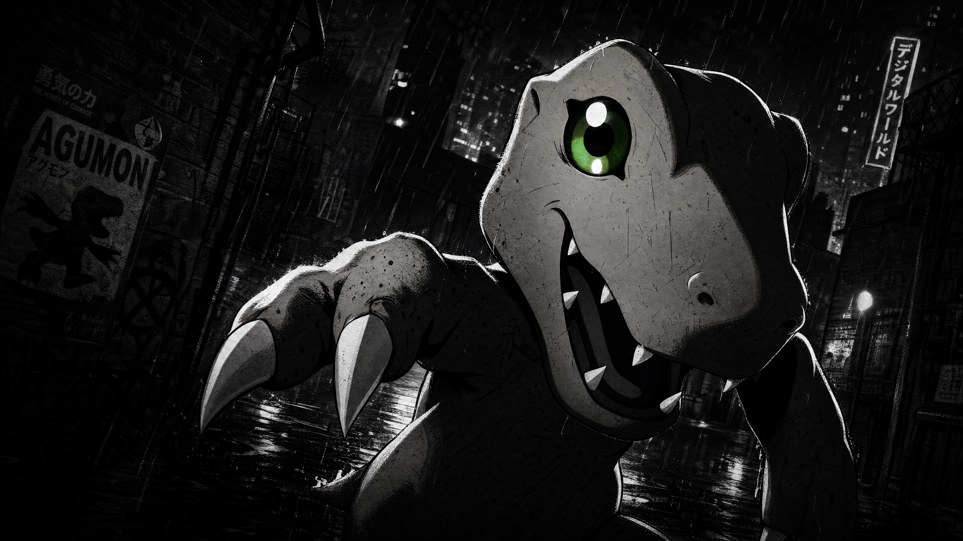 Agumon close-up in a gritty black-and-white city night, glowing green eye and sharp claws — 4K Ultra HD PC desktop wallpaper/background.