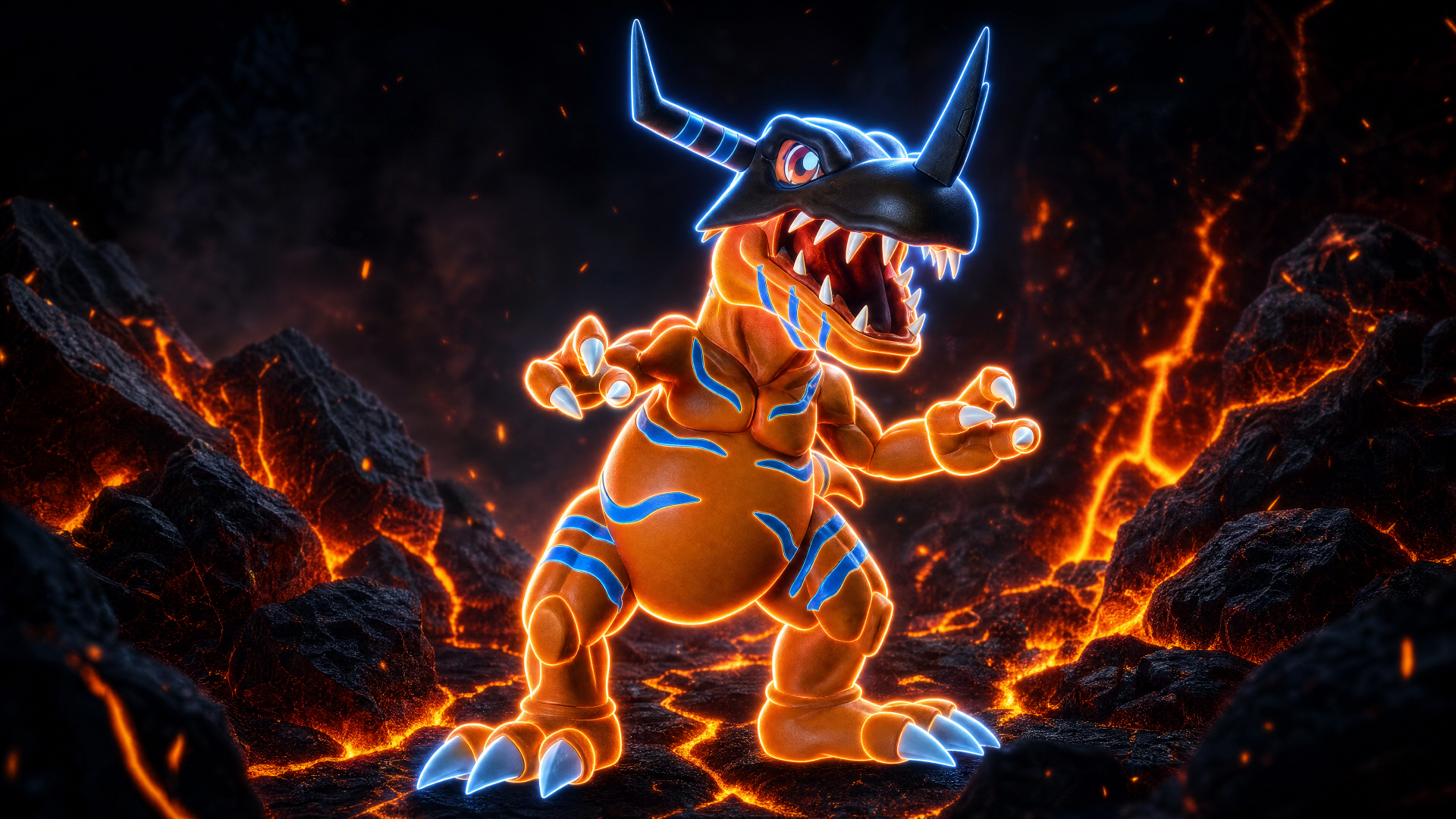 4K Ultra HD PC desktop wallpaper of Greymon (Digimon) roaring amid glowing blue markings and molten lava on a cracked volcanic landscape.