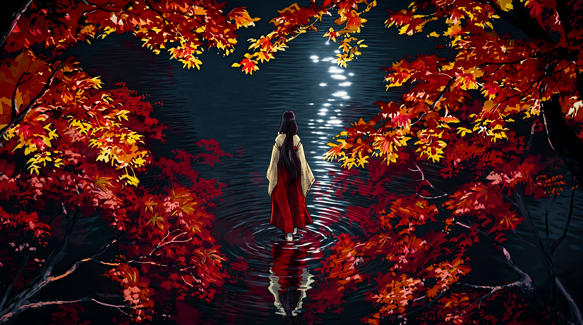 Kikyô from InuYasha, a priestess in red and white, walks on shimmering water beneath crimson autumn leaves — 5K Ultra HD anime PC wallpaper