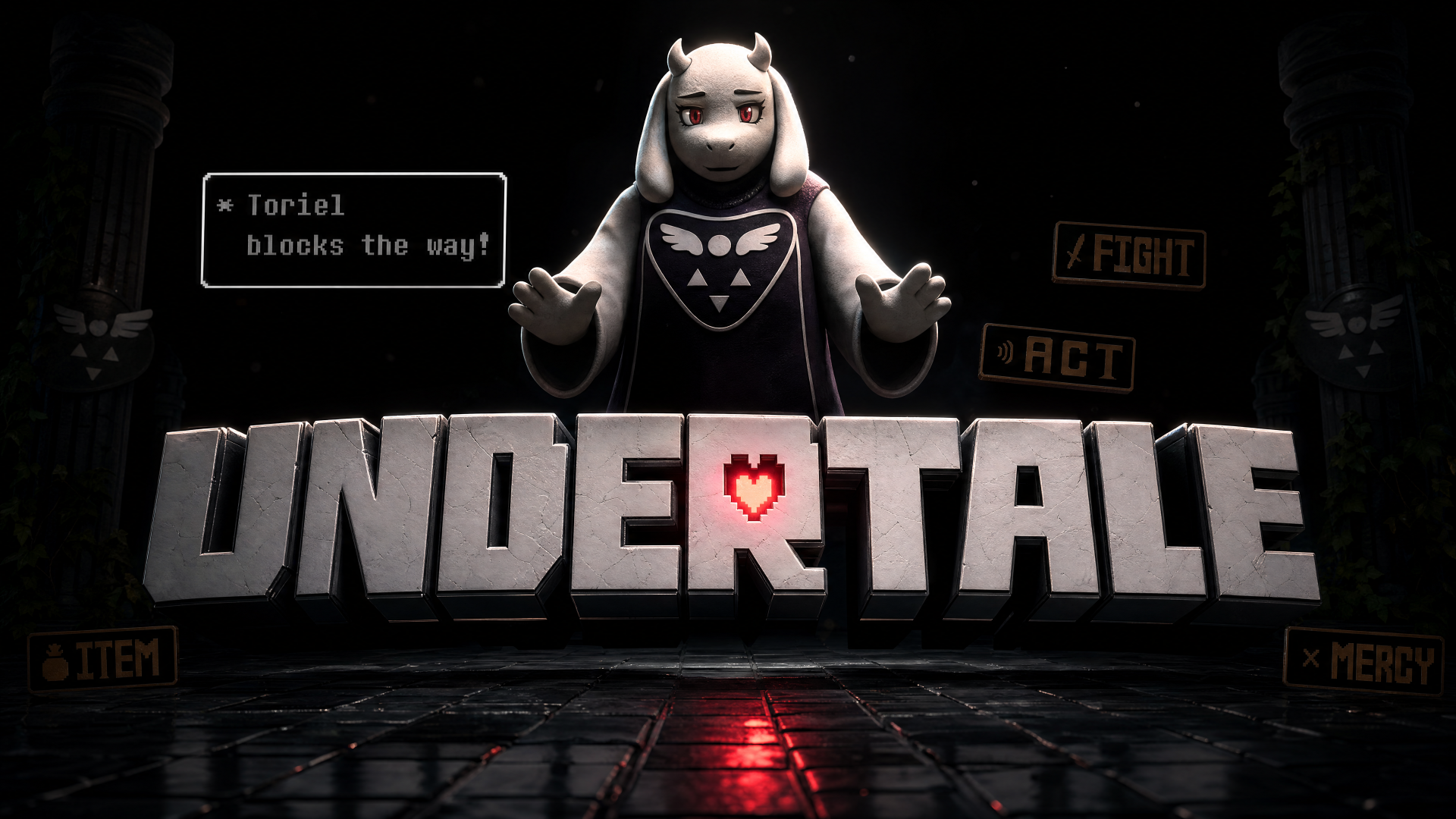 Undertale 4K Ultra HD PC desktop wallpaper and background: Toriel looming over a giant UNDERTALE logo with a glowing red heart, dark reflective floor and HUD reading Toriel blocks the way!