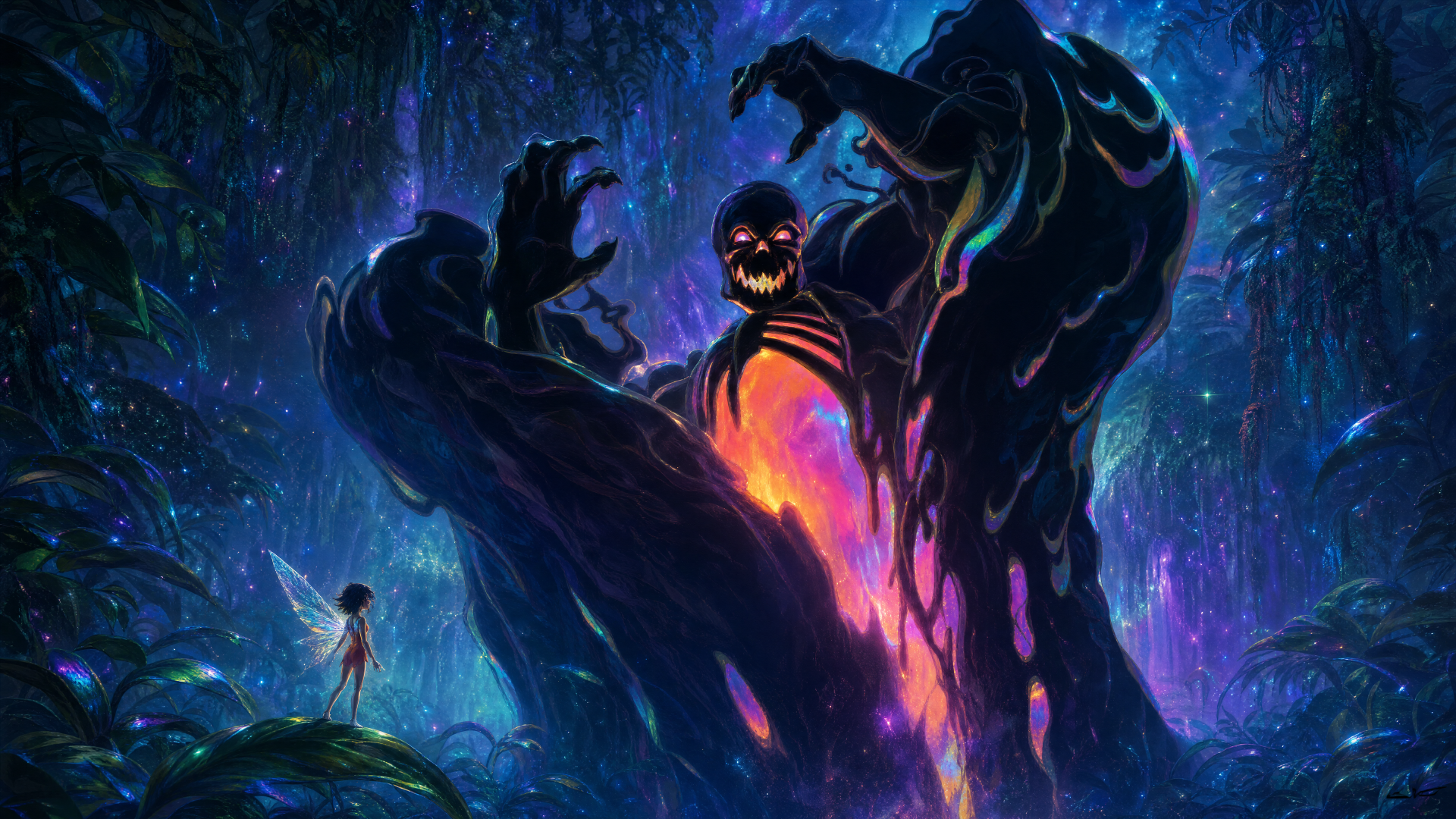 Ferngully: The Last Rainforest 4K Ultra HD PC wallpaper — a tiny glowing fairy confronts a towering shadow monster with a molten glowing core amid a bioluminescent rainforest.