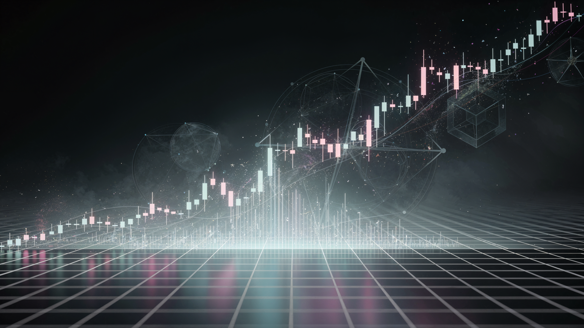 4K Ultra HD PC desktop wallpaper of a glowing stock market chart: candlesticks, rising line graph and illuminated grid reflected on a dark background.