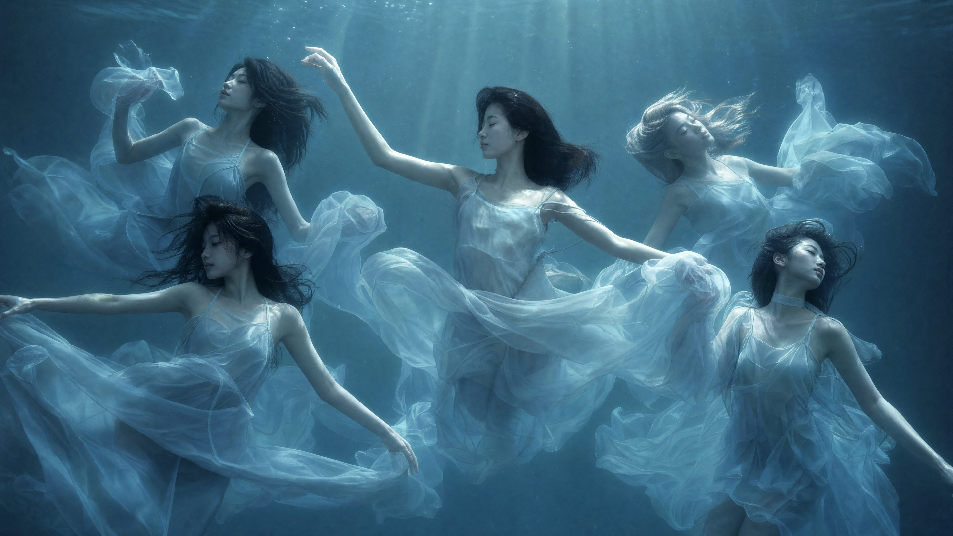 4K Ultra HD PC desktop wallpaper: five ethereal figures drifting underwater in flowing gowns; image tagged LE SSERAFIM.