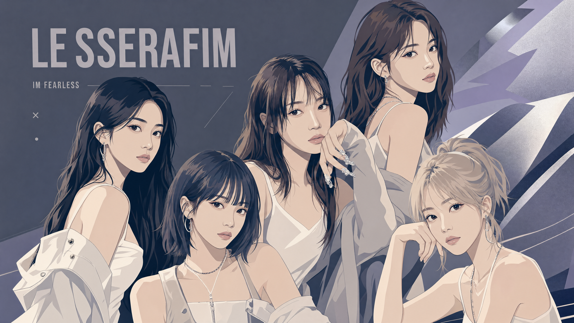 4K Ultra HD PC desktop wallpaper: stylized illustration of five women in white outfits against an angular purple-gray background, serene poses and soft, moody lighting.
