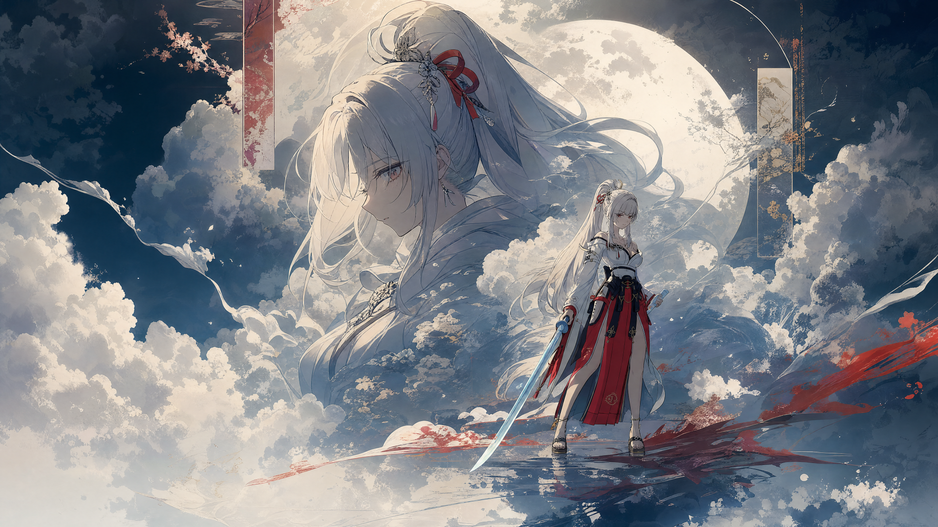 Hiyuki (Wuthering Waves) 4K Ultra HD PC desktop wallpaper: a swordwoman in red-white robes stands on a reflective cloud sea beneath a giant ethereal portrait and full moon.