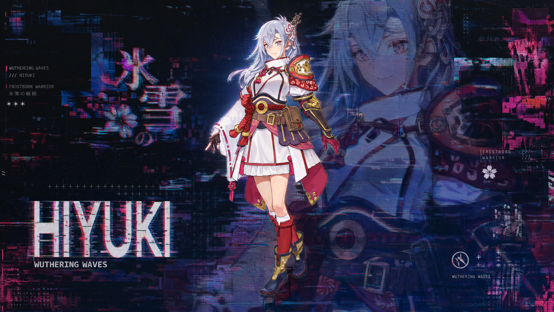 4K Ultra HD PC desktop wallpaper of Hiyuki (Wuthering Waves): white‑haired warrior in red-and-white ornate armor before a glitchy neon cyber backdrop and faded portrait.