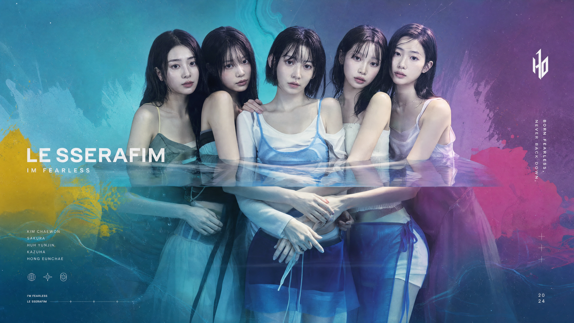 4K Ultra HD PC wallpaper: five women in coordinated blue dresses standing waist-deep in reflective water against a teal-to-purple gradient backdrop.