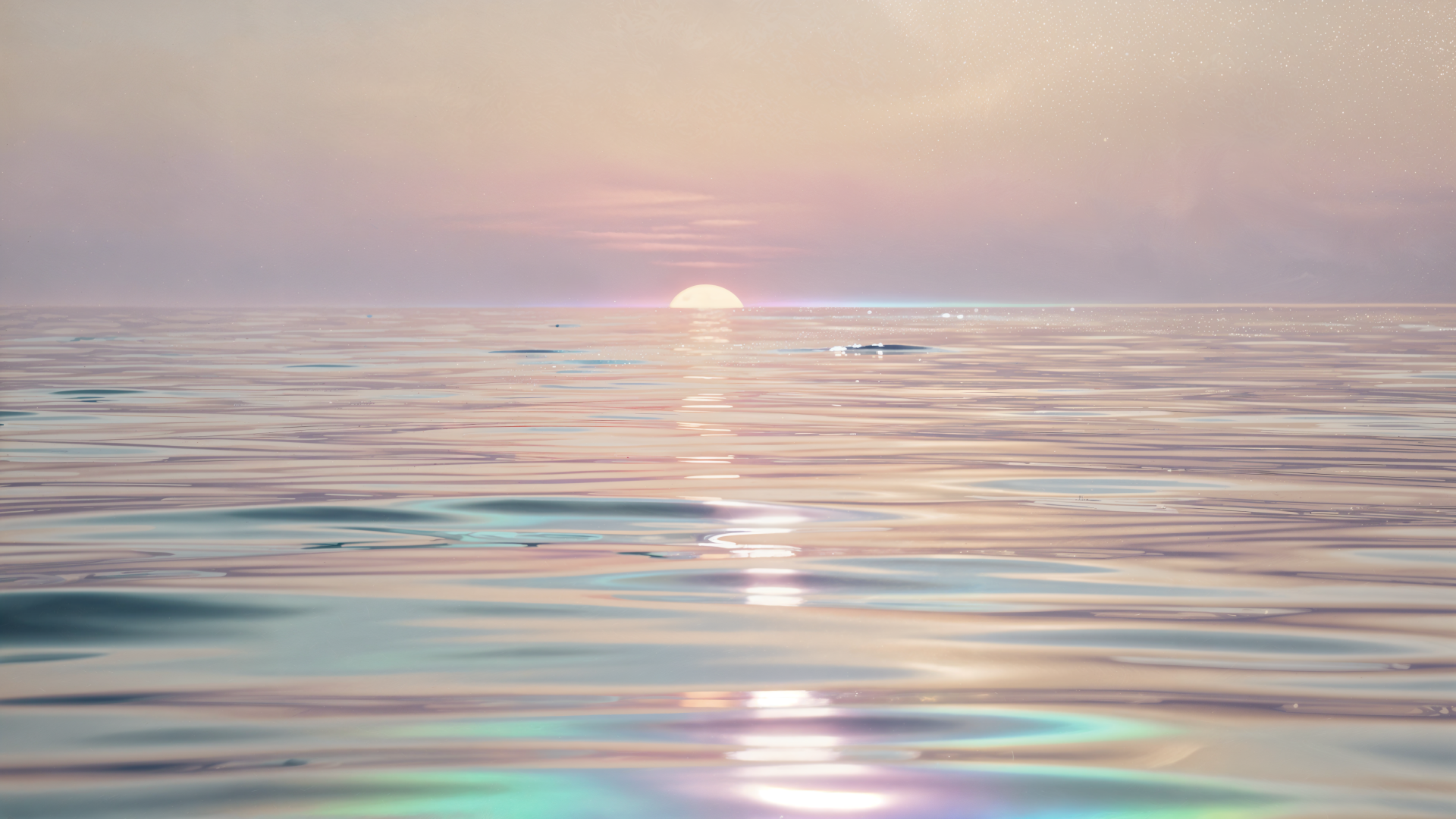 4K Ultra HD PC desktop wallpaper: pastel sunrise over a calm ocean horizon, the sun at the waterline casting a soft, shimmering reflection across glassy waves.