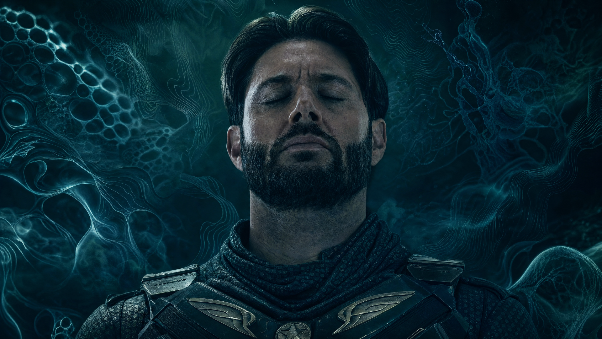 Soldier Boy (The Boys) centered in a dark teal, stormy backdrop, armored suit and solemn expression — 4K Ultra HD PC desktop wallpaper.