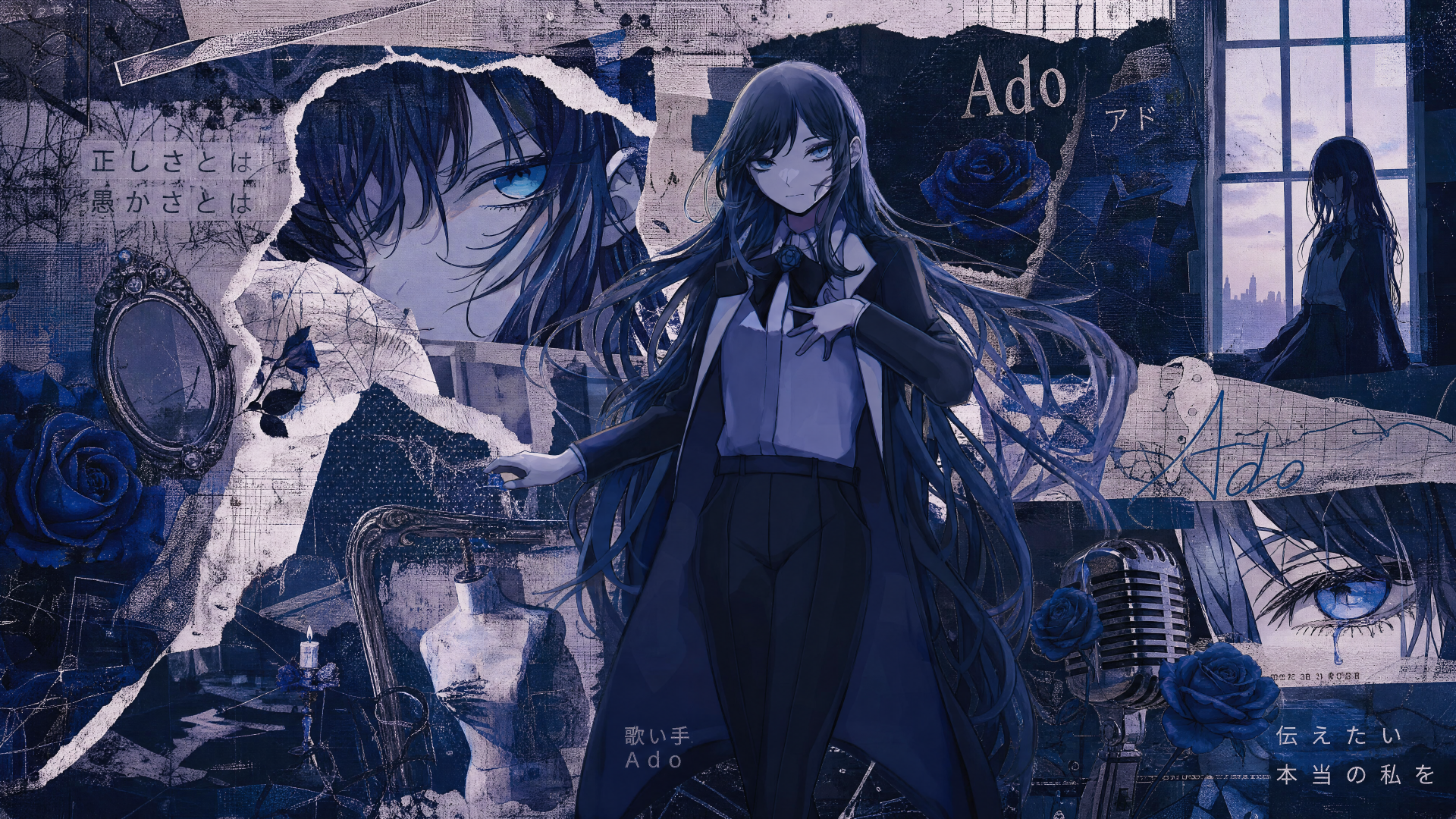 4K Ultra HD PC desktop wallpaper: moody blue collage tagged Ado (Nico Nico Singer) — anime-style singer, roses, torn posters and a vintage microphone.
