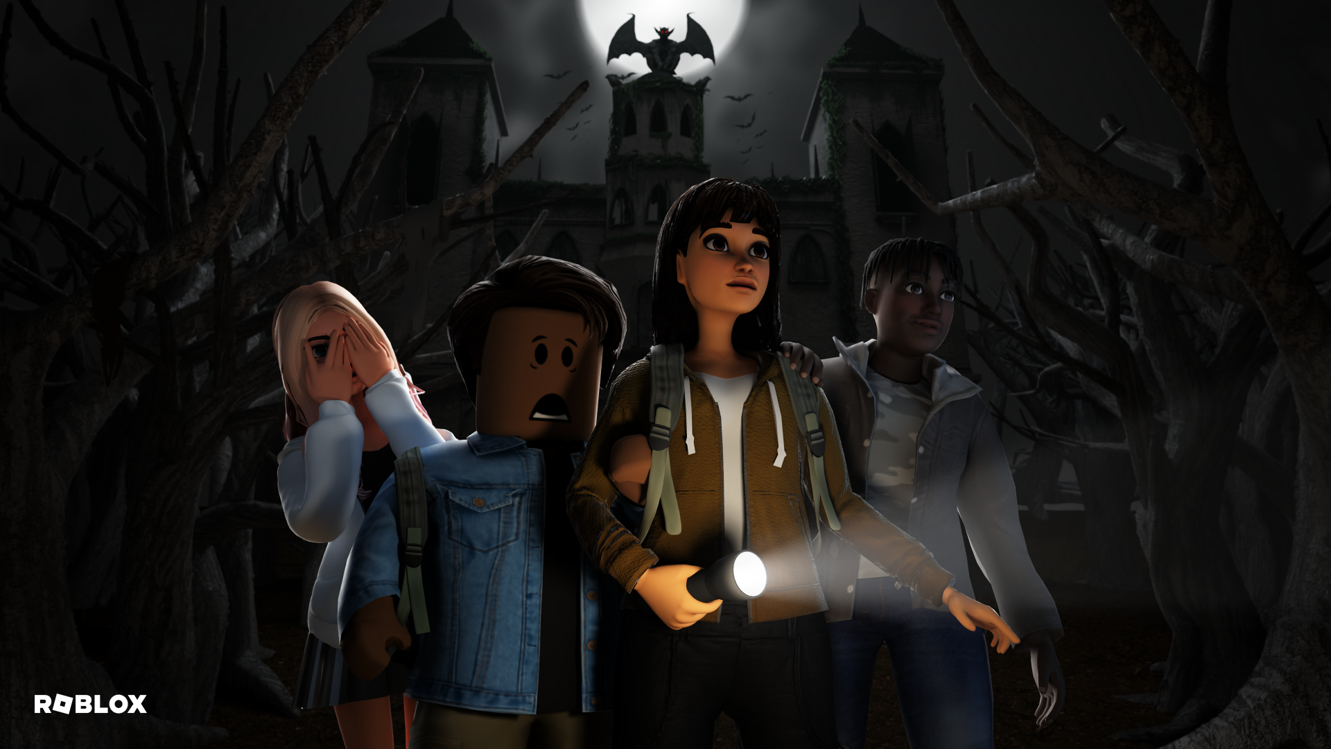 4K Ultra HD Roblox video game PC desktop wallpaper/background: four characters with a flashlight approach a haunted mansion under a moonlit sky with a bat silhouette amid twisted trees.