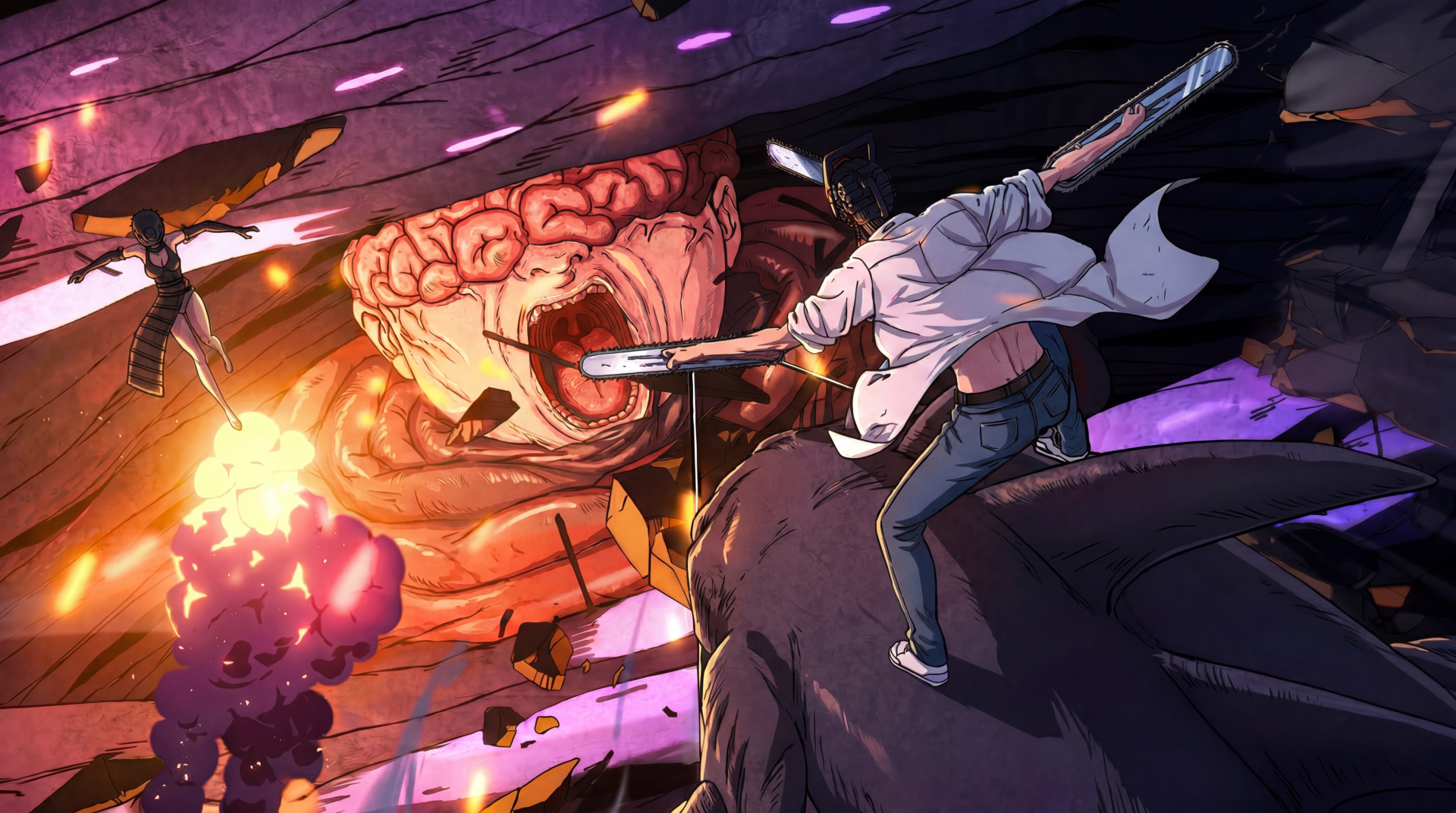Chainsaw Man 5K Ultra HD PC desktop wallpaper: Denji lunges with chainsaw at a towering typhoon devil as Reze and exploding debris fill the vivid anime action scene.