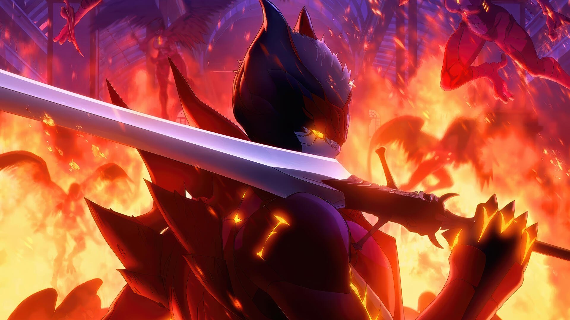 Devil May Cry (2025) 4K Ultra HD PC desktop wallpaper: horned demon with glowing eyes brandishing a sword amid erupting flames and embers.