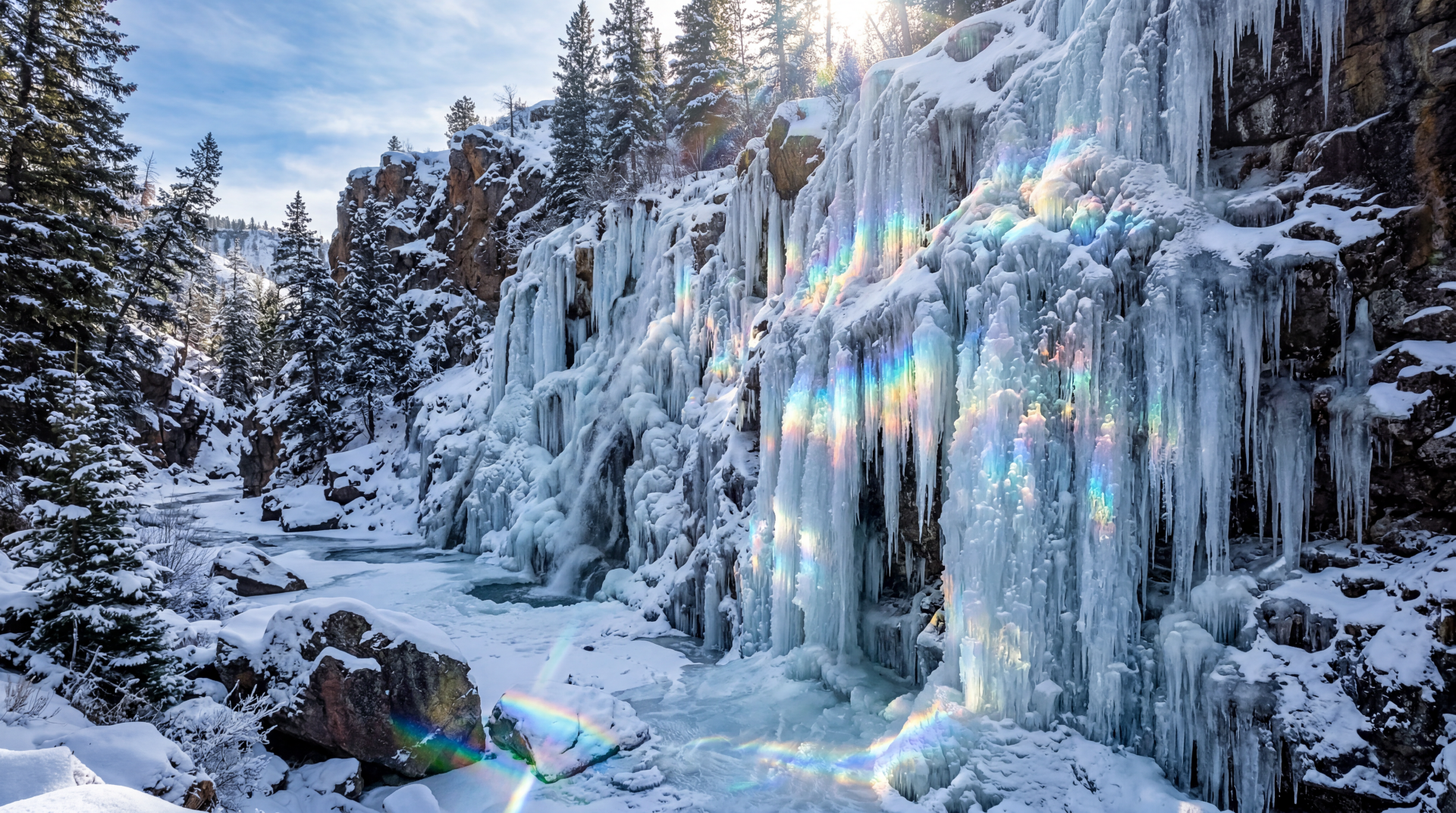 5K Ultra HD PC desktop wallpaper and background: a frozen waterfall with sculpted ice curtains and snow-covered rocks bathed in cold blue light.