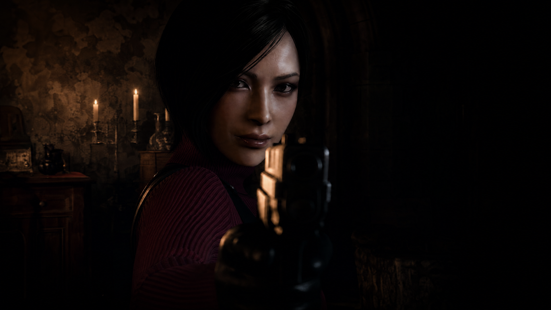 Resident Evil 4: dark-haired woman points a pistol at the viewer in a candlelit room — 4K Ultra HD PC desktop wallpaper background.